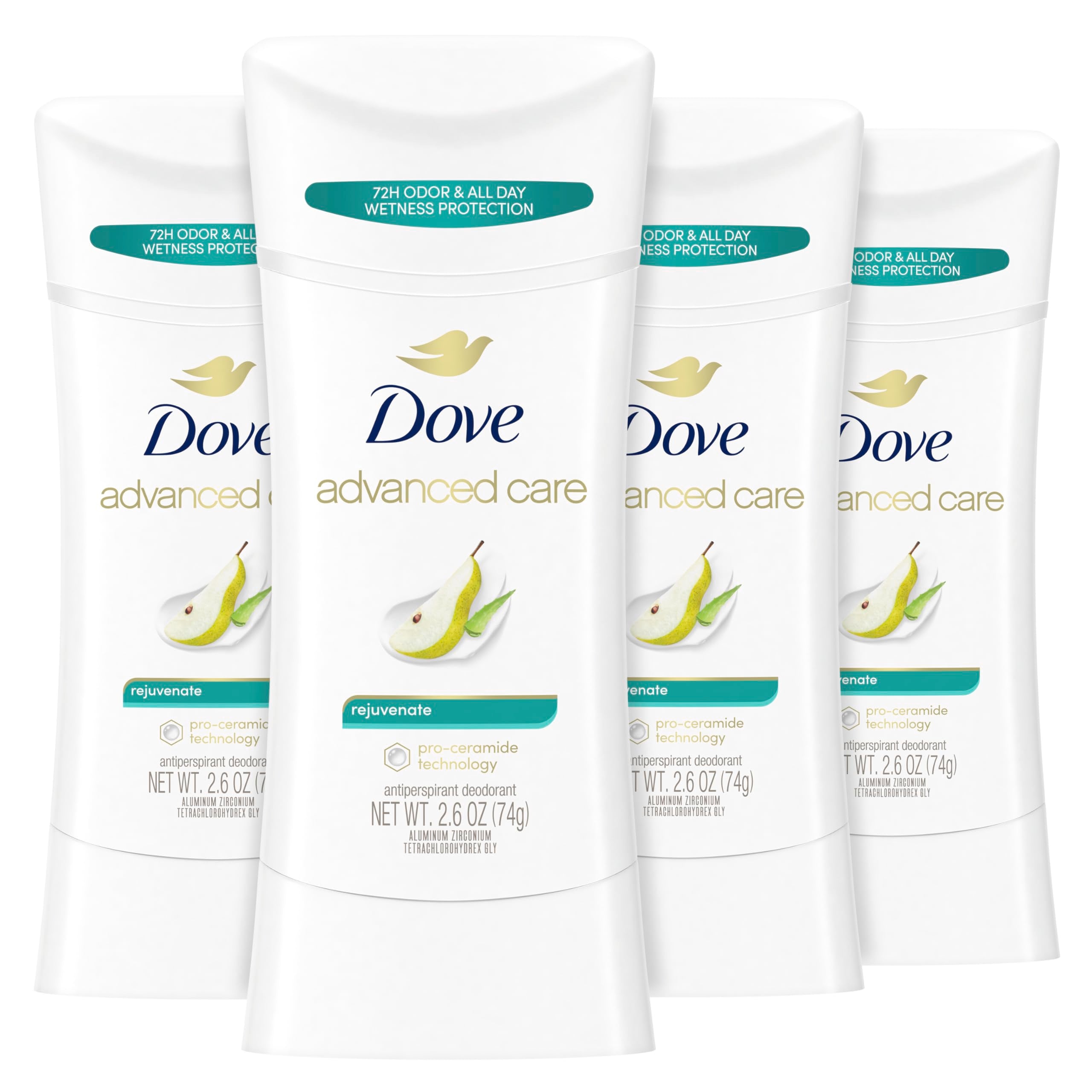 Dove Advanced Care Rejuvenate stick front view highlights pear fragrance and all-day freshness.