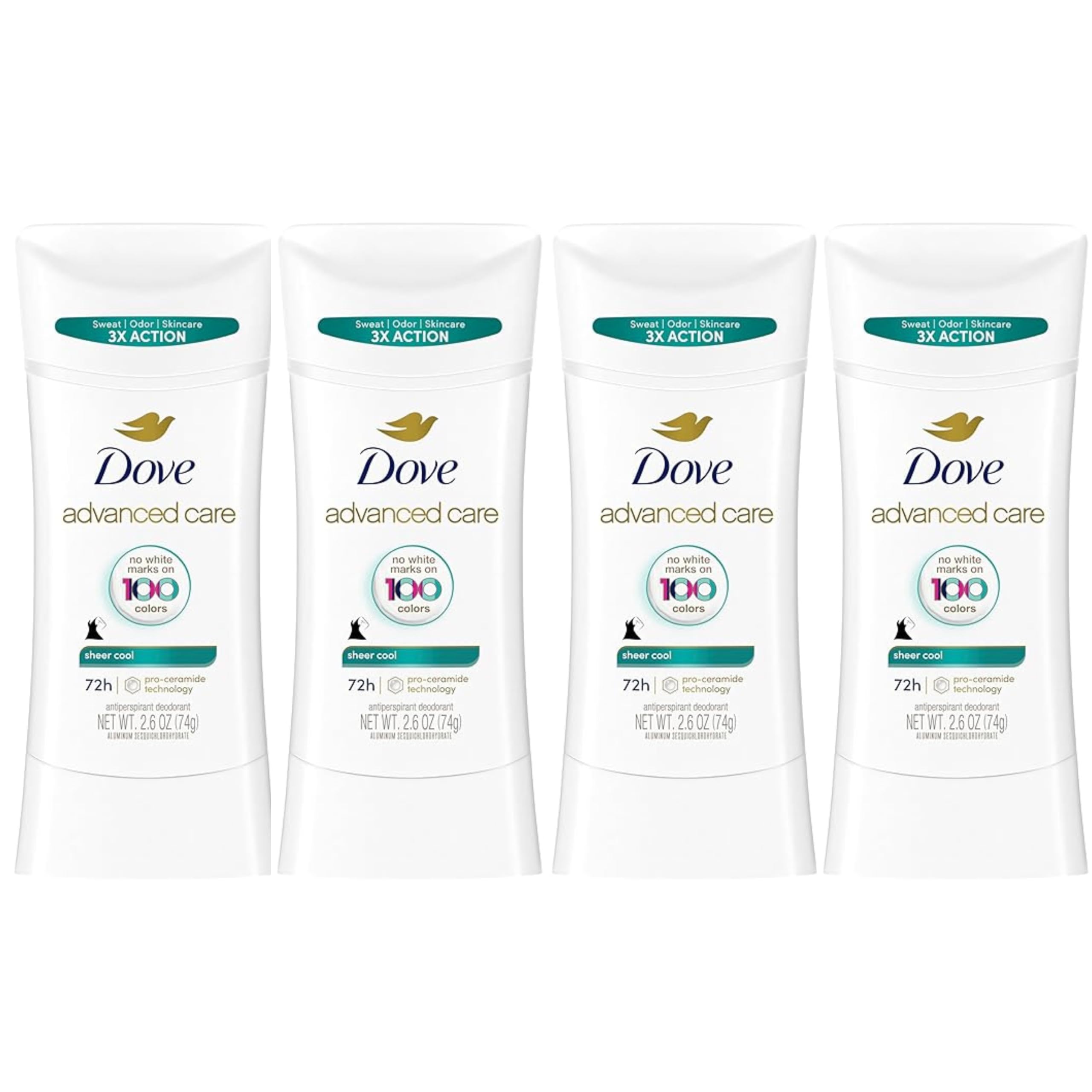 Dove Advanced Care Sheer Cool stick 4-pack offers 48-hour underarm protection.