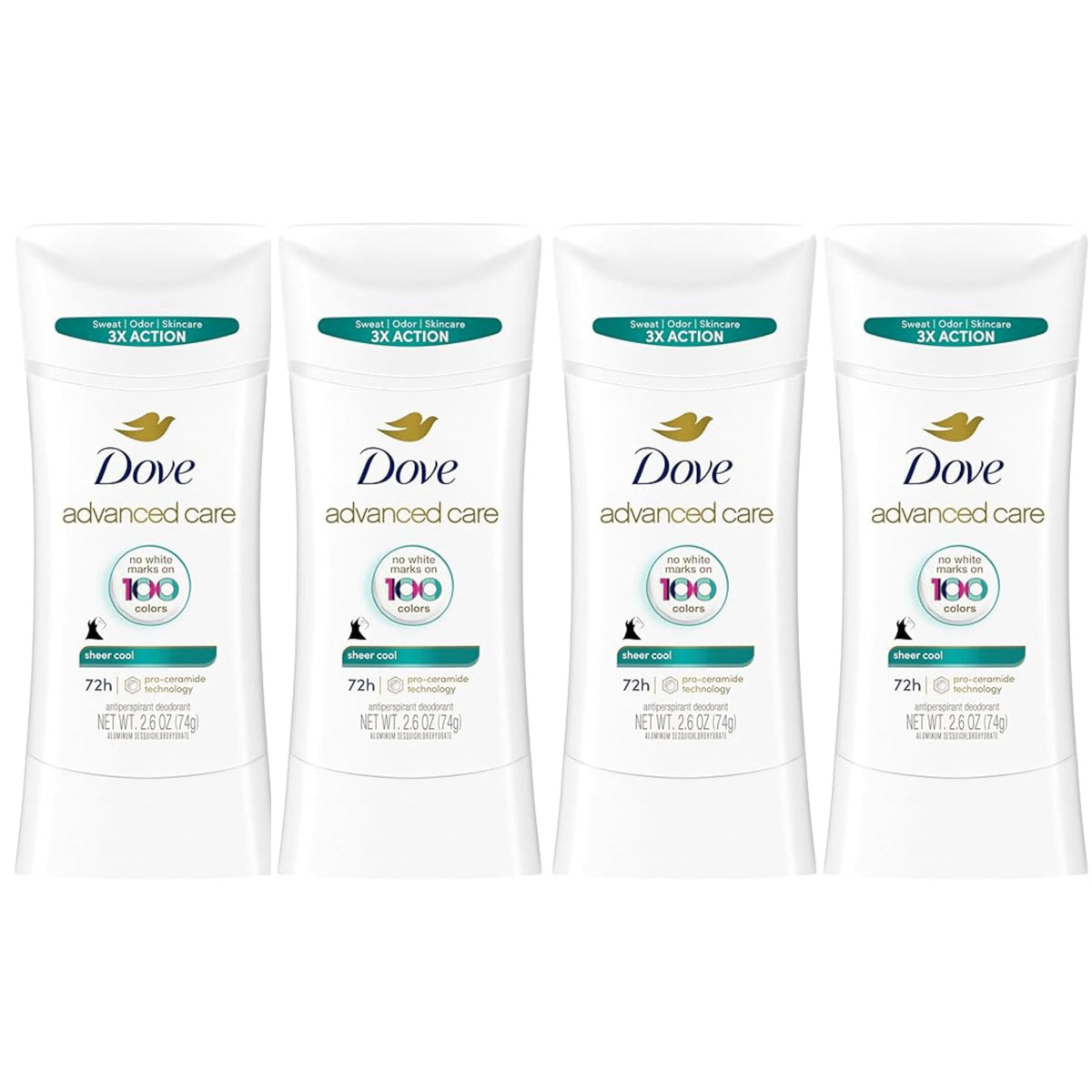 Dove Advanced Care Sheer Cool stick 4-pack offers 48-hour underarm protection.