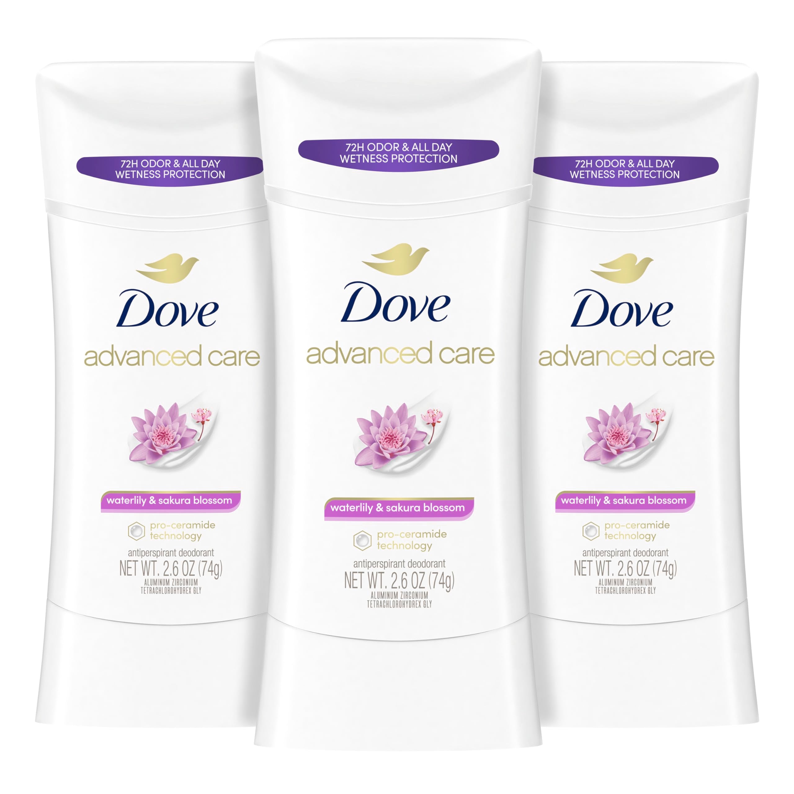 Dove Advanced Care Waterlily Sakura Blossom stick in a 3 pack for daily underarm care