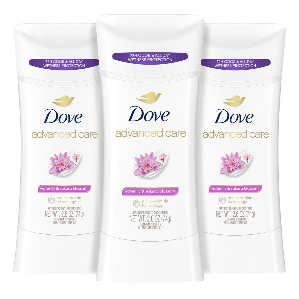 Dove Advanced Care Waterlily Sakura Blossom stick in a 3 pack for daily underarm care