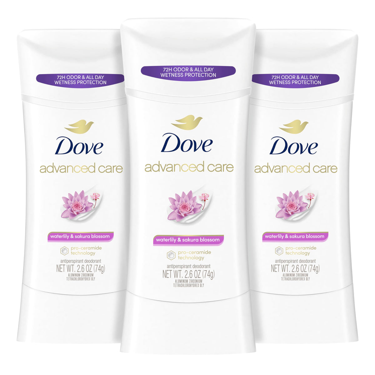 Dove Advanced Care Waterlily Sakura Blossom stick in a 3 pack for daily underarm care