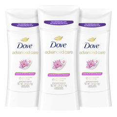 Dove Advanced Care Waterlily Sakura Blossom stick in a 3 pack for daily underarm care