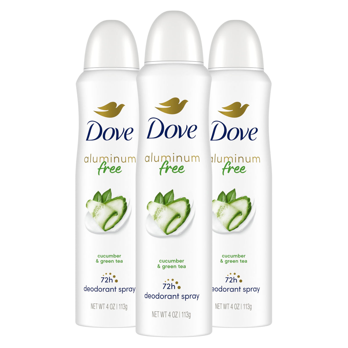 Dove aluminum-free deodorant spray bottle with cucumber green tea scent for long-lasting freshness