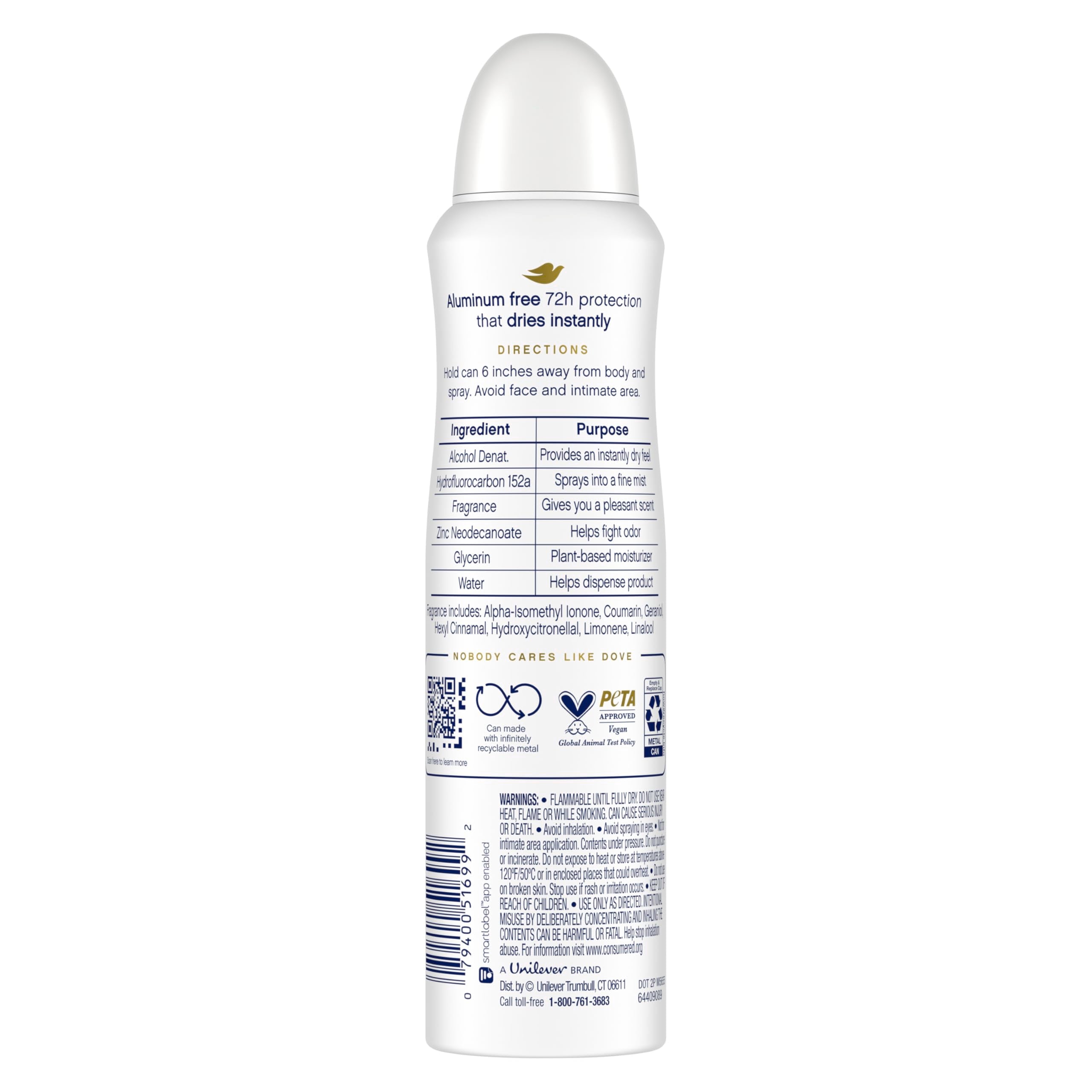 Dove aluminum-free deodorant spray underarm care for skin-friendly odor protection.