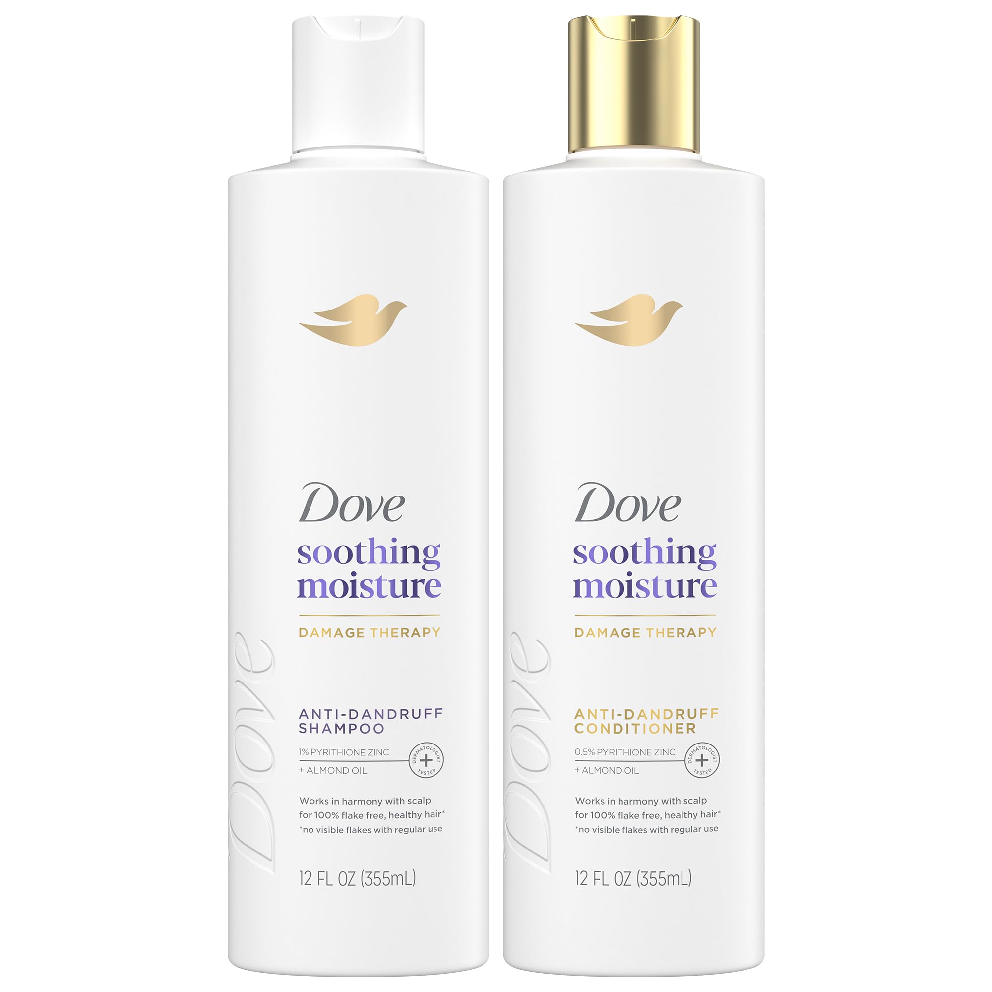 Dove anti-dandruff shampoo bottle showing zinc formula for flake control