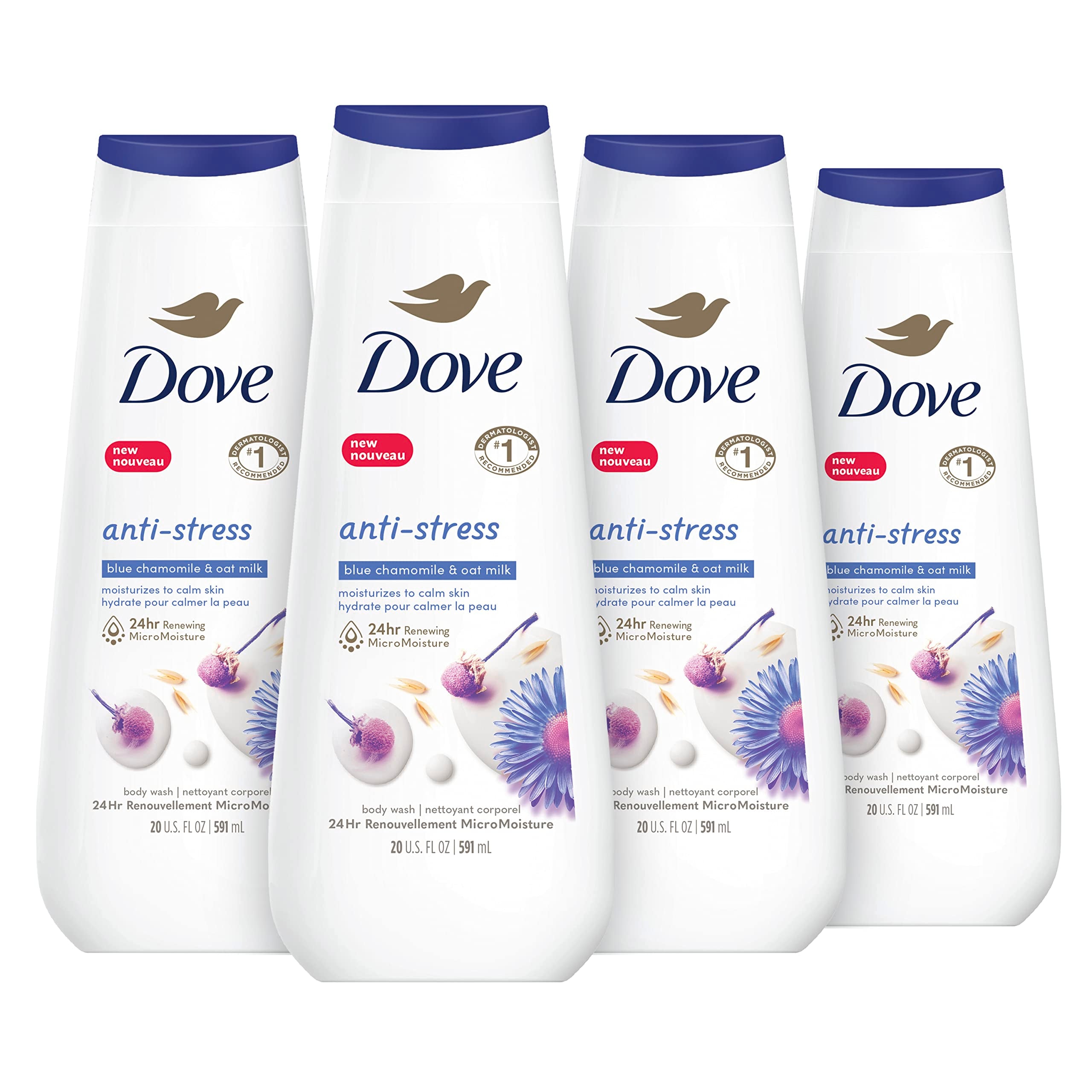 Dove Anti-Stress bottle pouring blue chamomile and oat milk aroma for calm shower moments