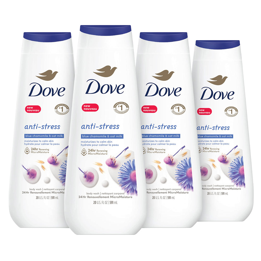 Dove Anti-Stress bottle pouring blue chamomile and oat milk aroma for calm shower moments