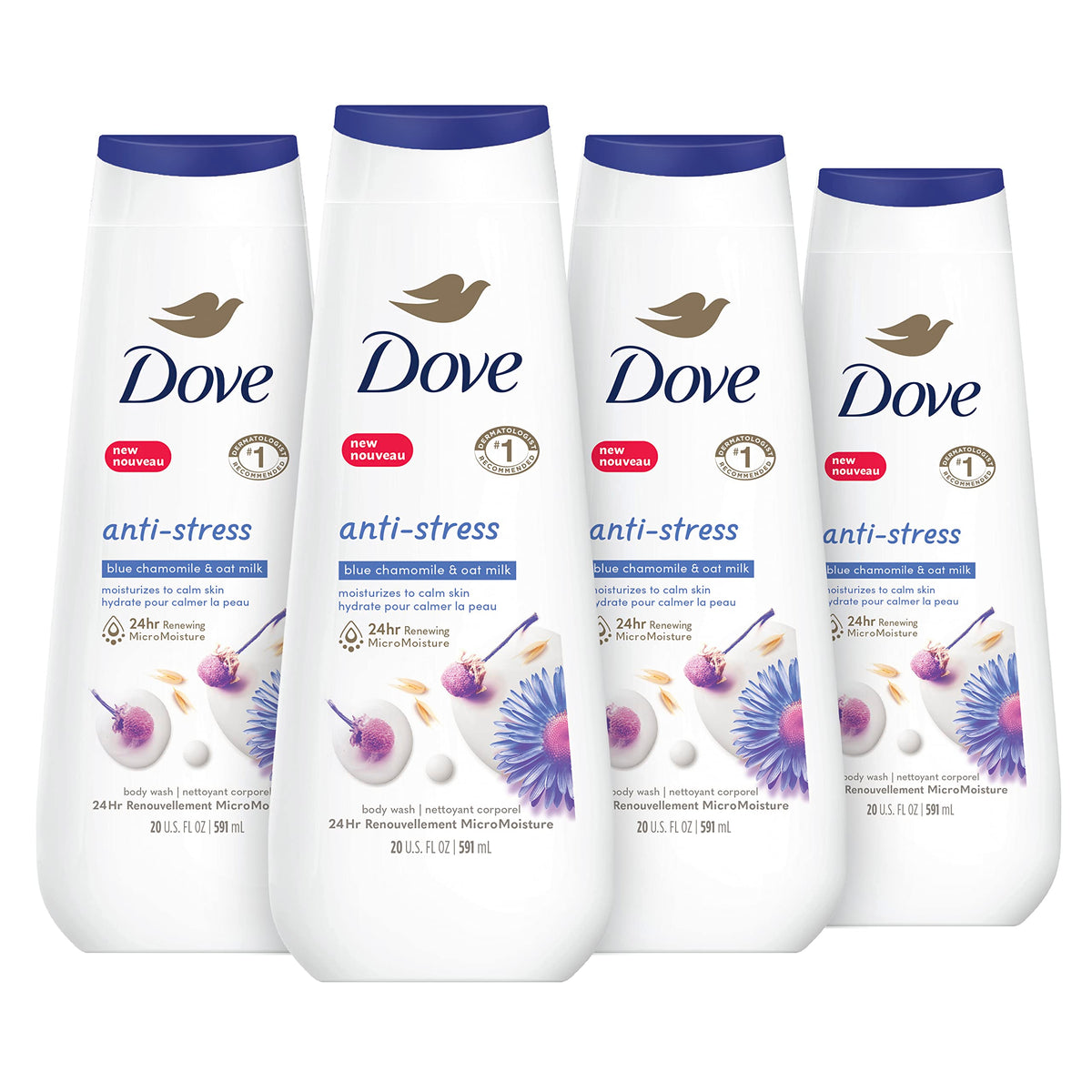 Dove Anti-Stress bottle pouring blue chamomile and oat milk aroma for calm shower moments