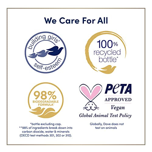 Dove packaging shows 100% recycled plastic bottles and vegan, cruelty-free credentials