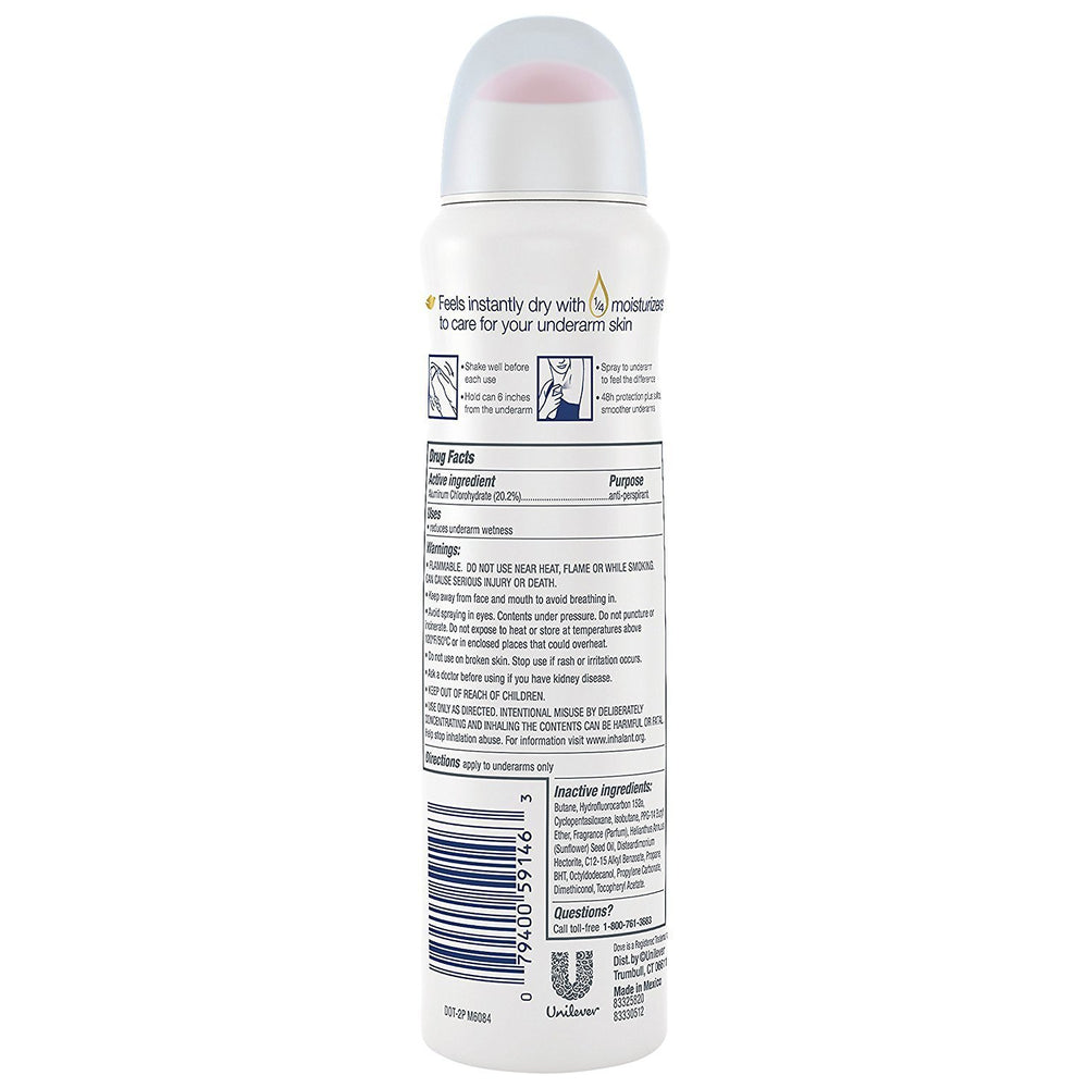 Pack of three Dove antiperspirant dry spray cans for easy daily protection.
