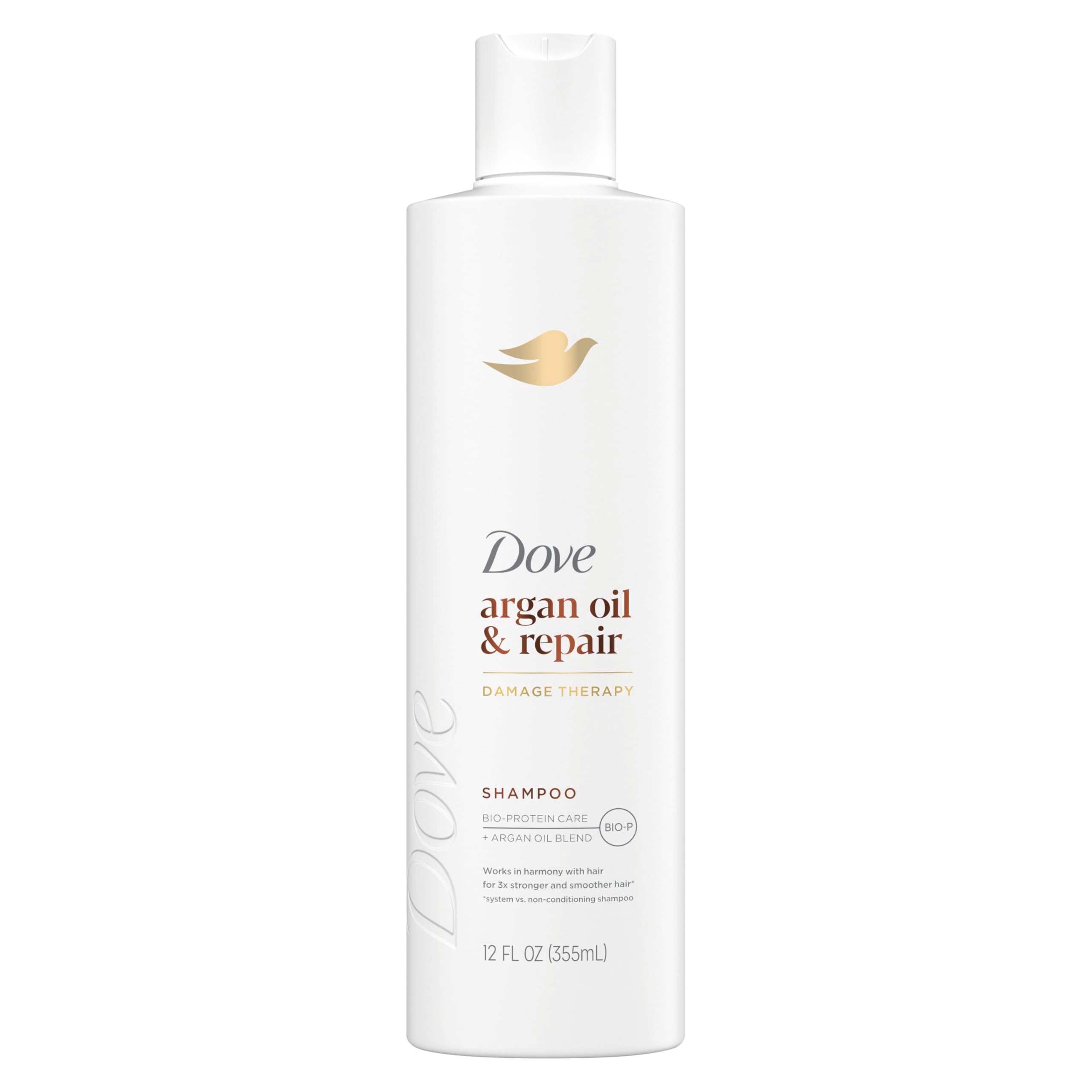 Dove Argan Oil & Repair shampoo bottle showing strengthening for fine hair.