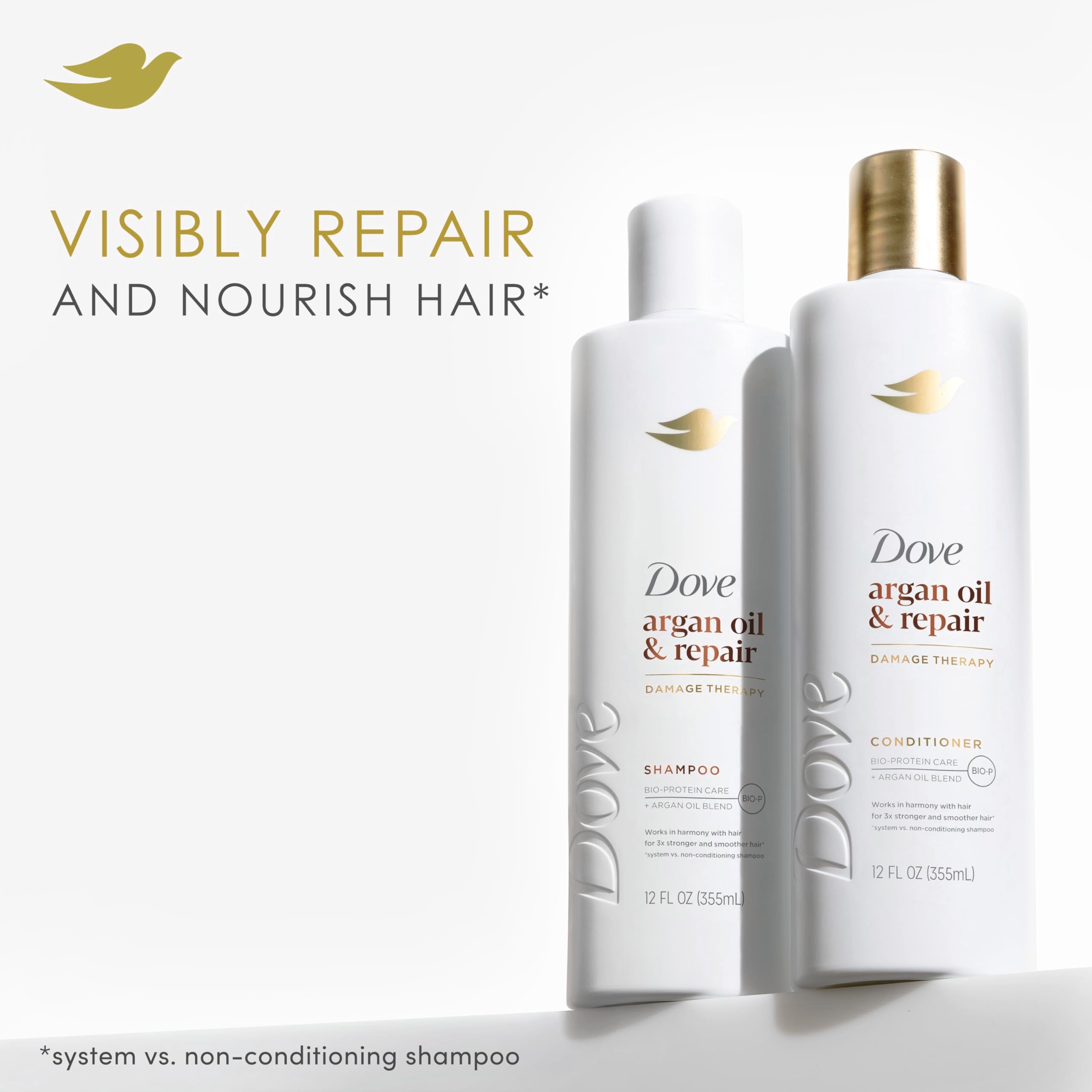 Dove Argan Oil & Repair shampoo lather close-up highlighting gentle cleansing for strength.