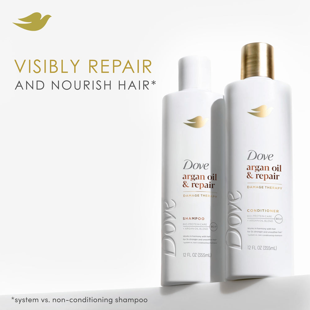 Dove Argan Oil & Repair shampoo lather close-up highlighting gentle cleansing for strength.