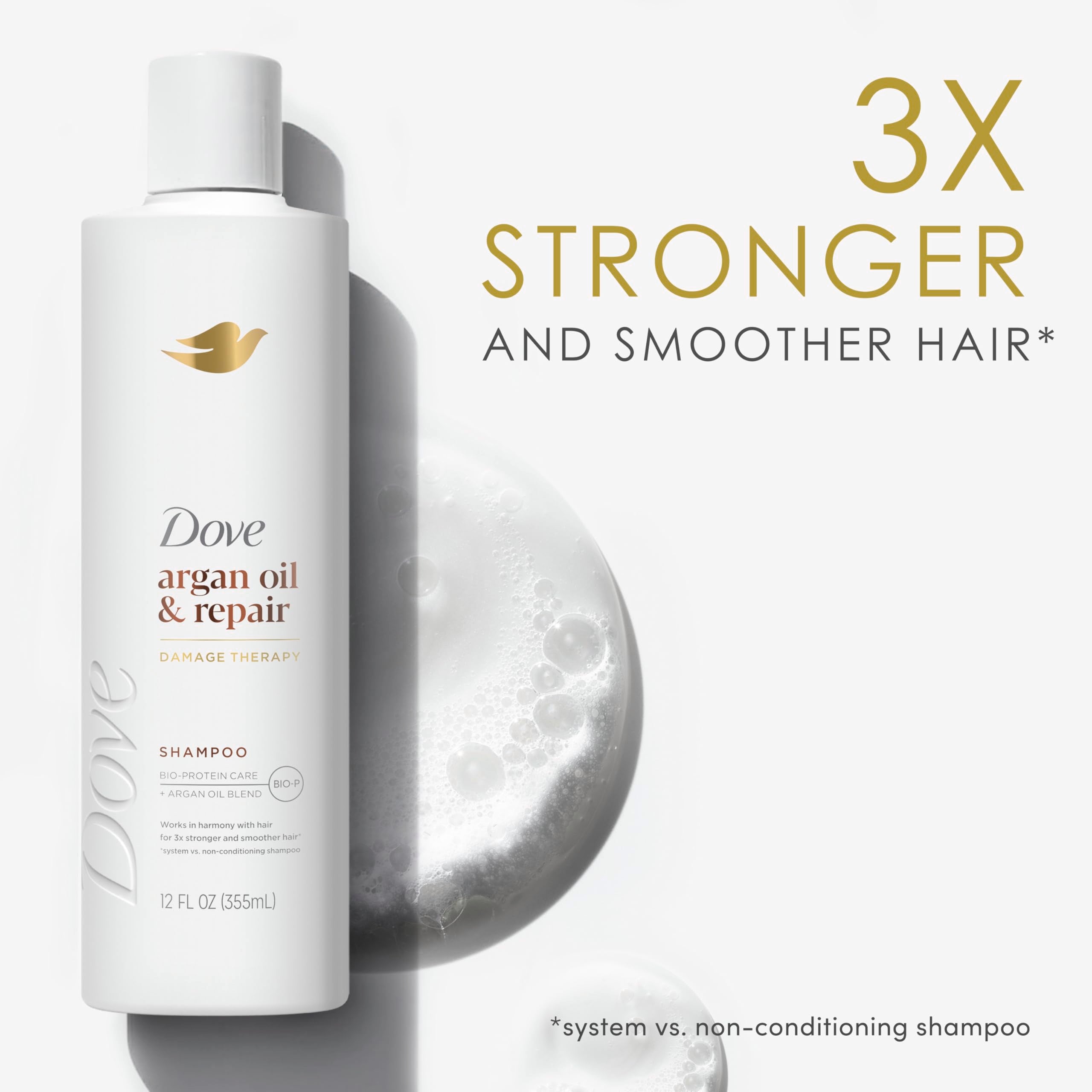 Dove Argan Oil & Repair shampoo pump bottle ready for routine washing.