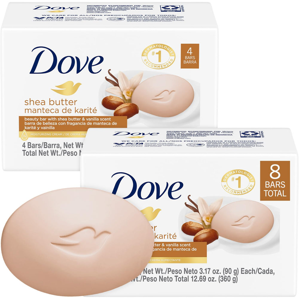 Dove beauty bar with shea butter and vanilla close-up, creamy lather for hydrated skin.