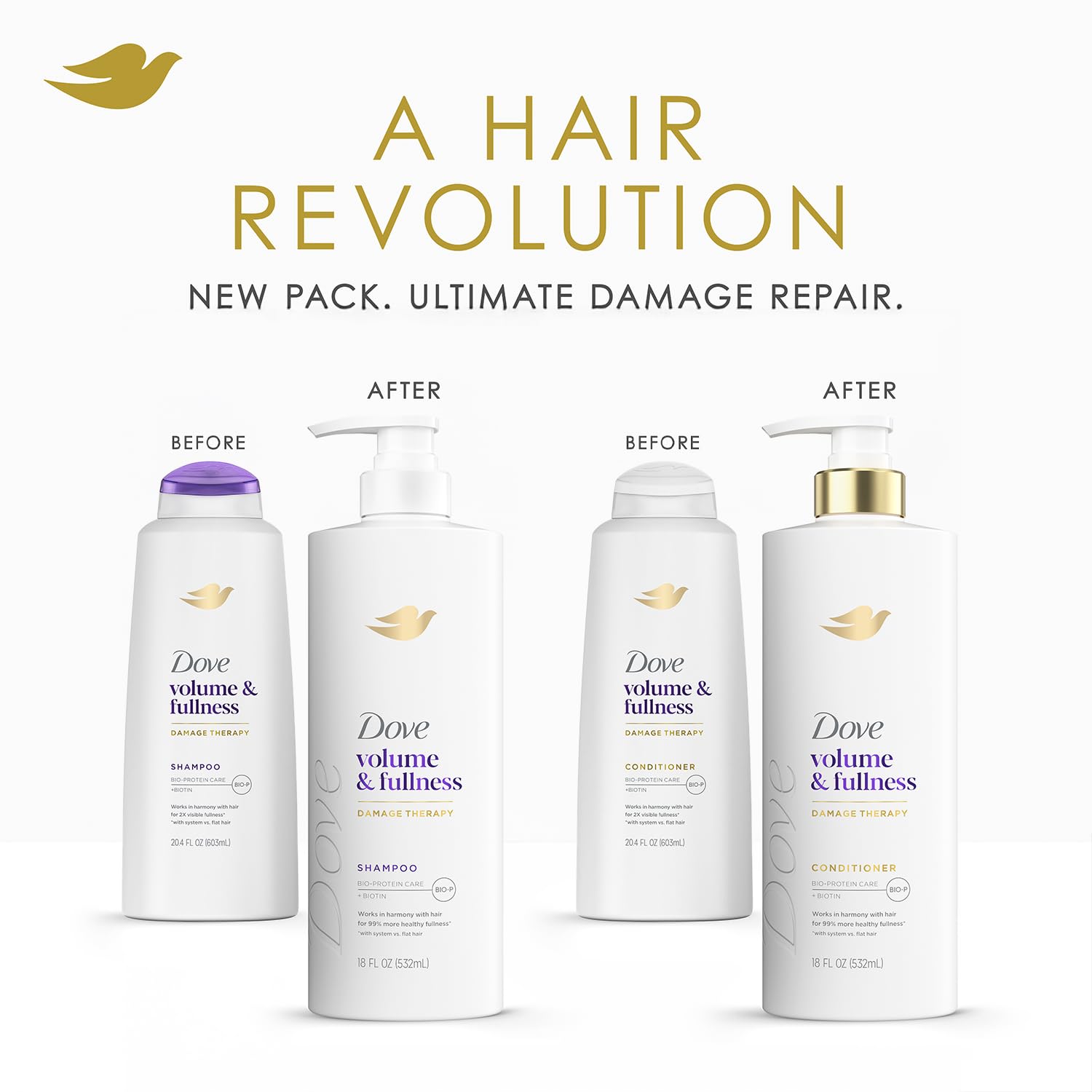 Dove Biotin and protein shampoo ingredients illustrated on label.