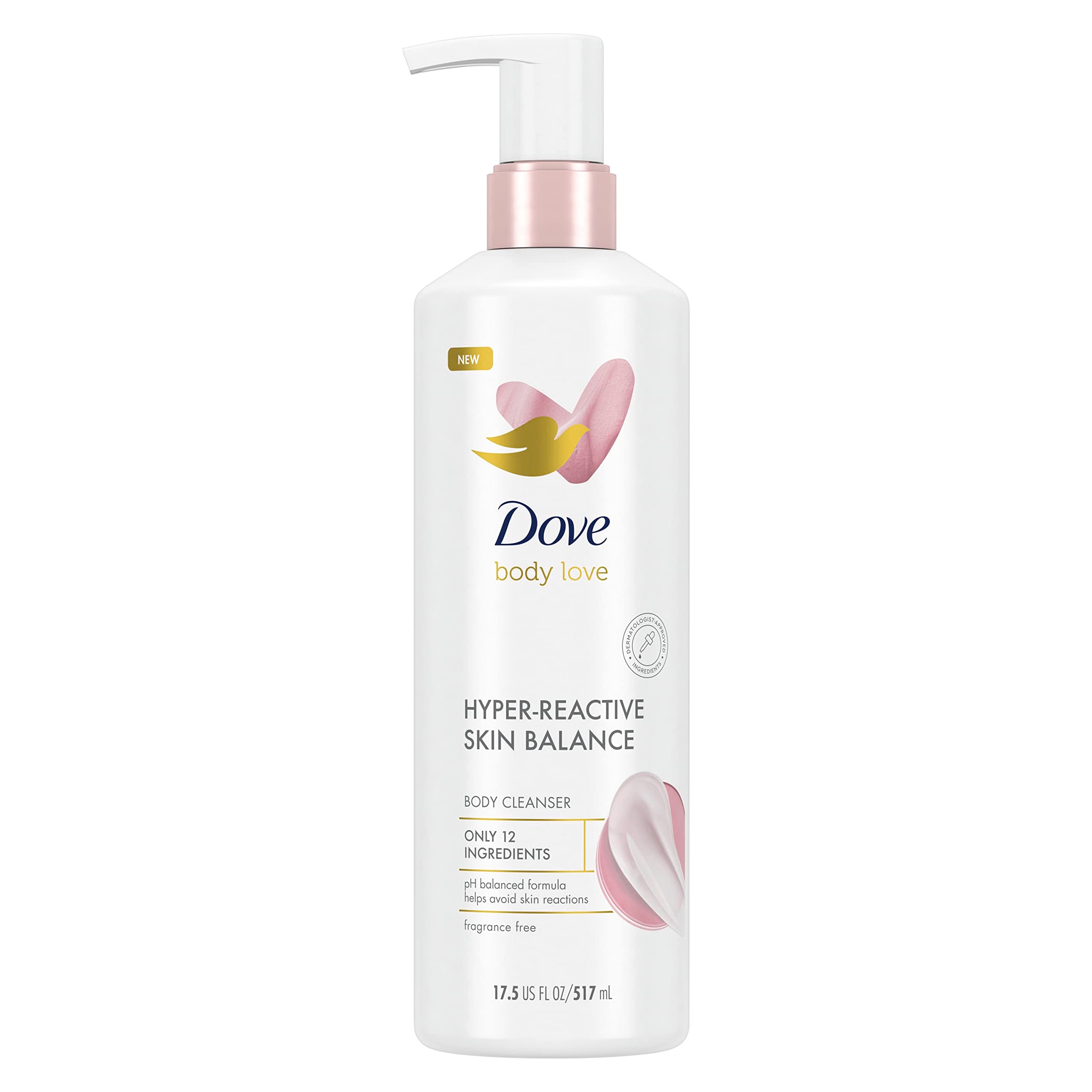 Dove Body Love bottle front, fragrance-free formula designed for sensitive skin.