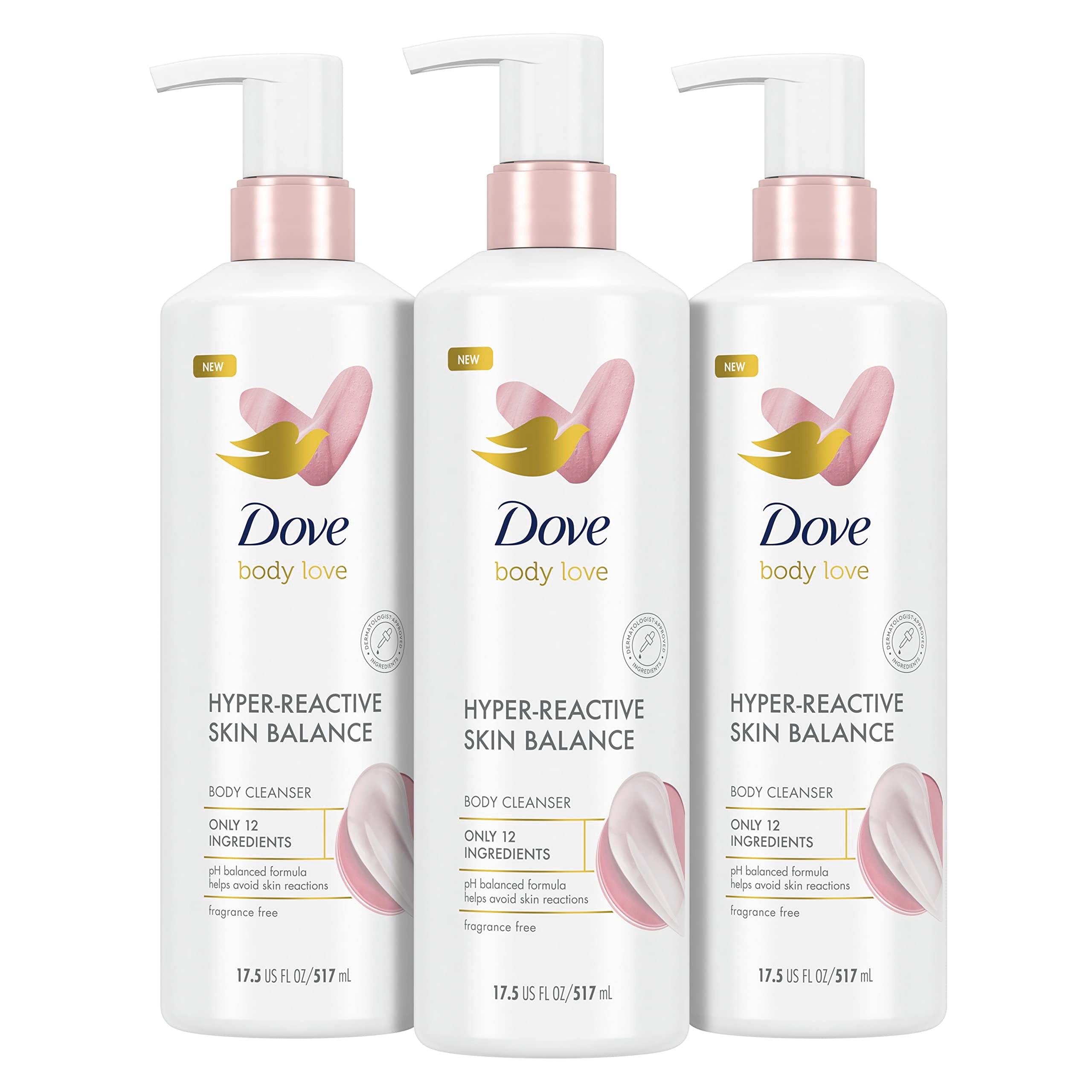 Dove Body Love Hyper-Reactive Skin Balance bottle with fragrance-free formula for sensitive skin