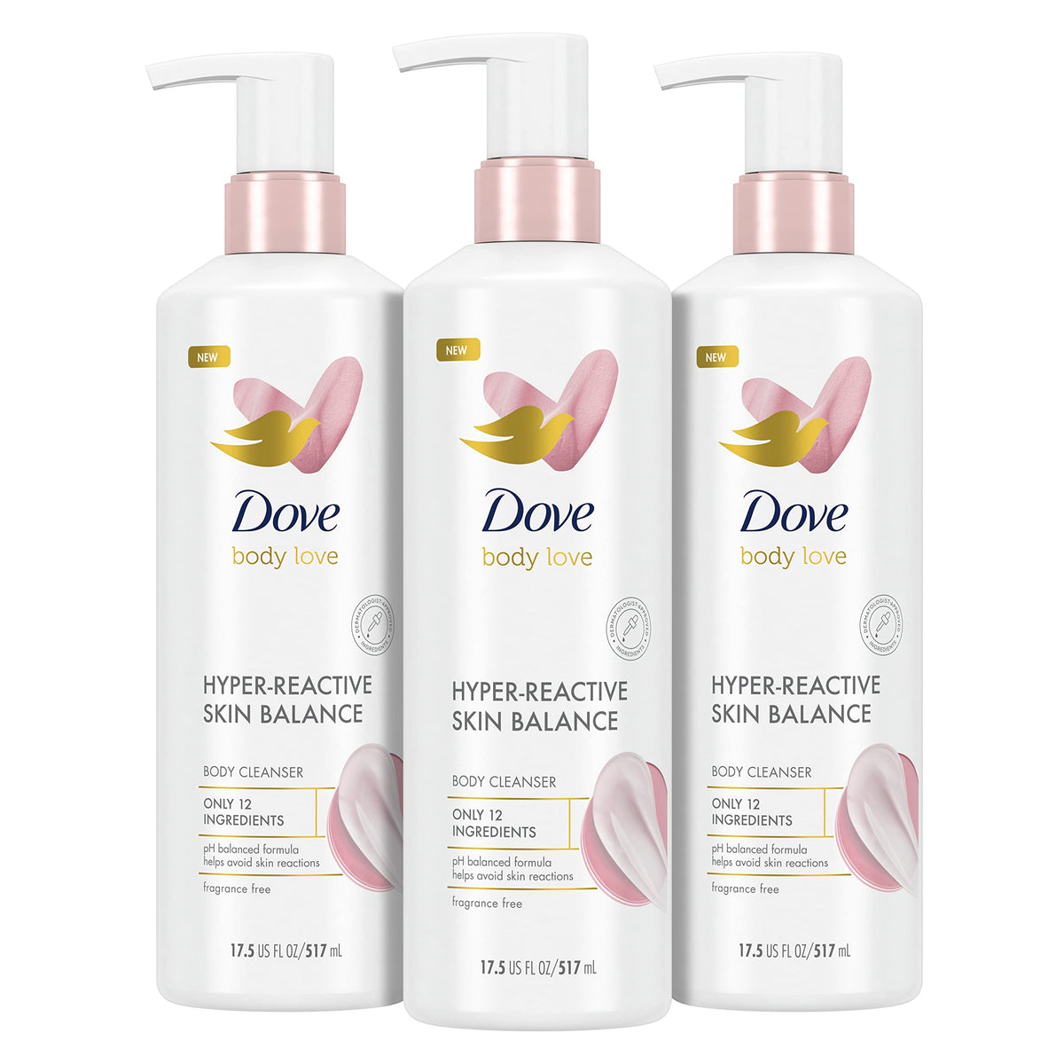 Dove Body Love Hyper-Reactive Skin Balance bottle with fragrance-free formula for sensitive skin