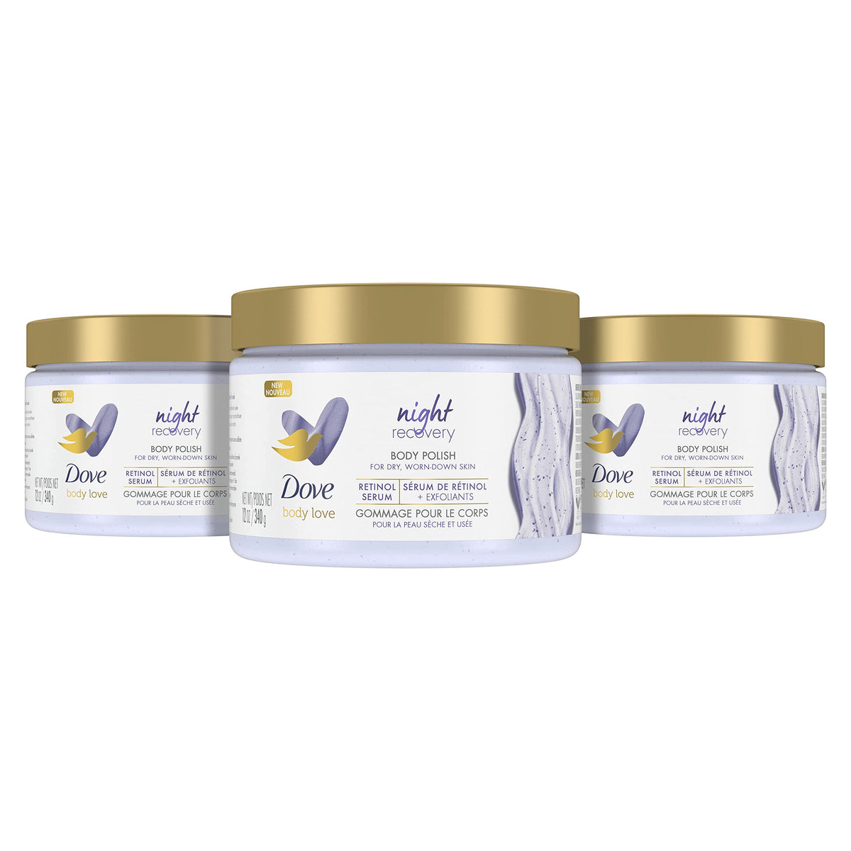 Dove Night Recovery Body Polish bottle shows retinol for overnight hydration