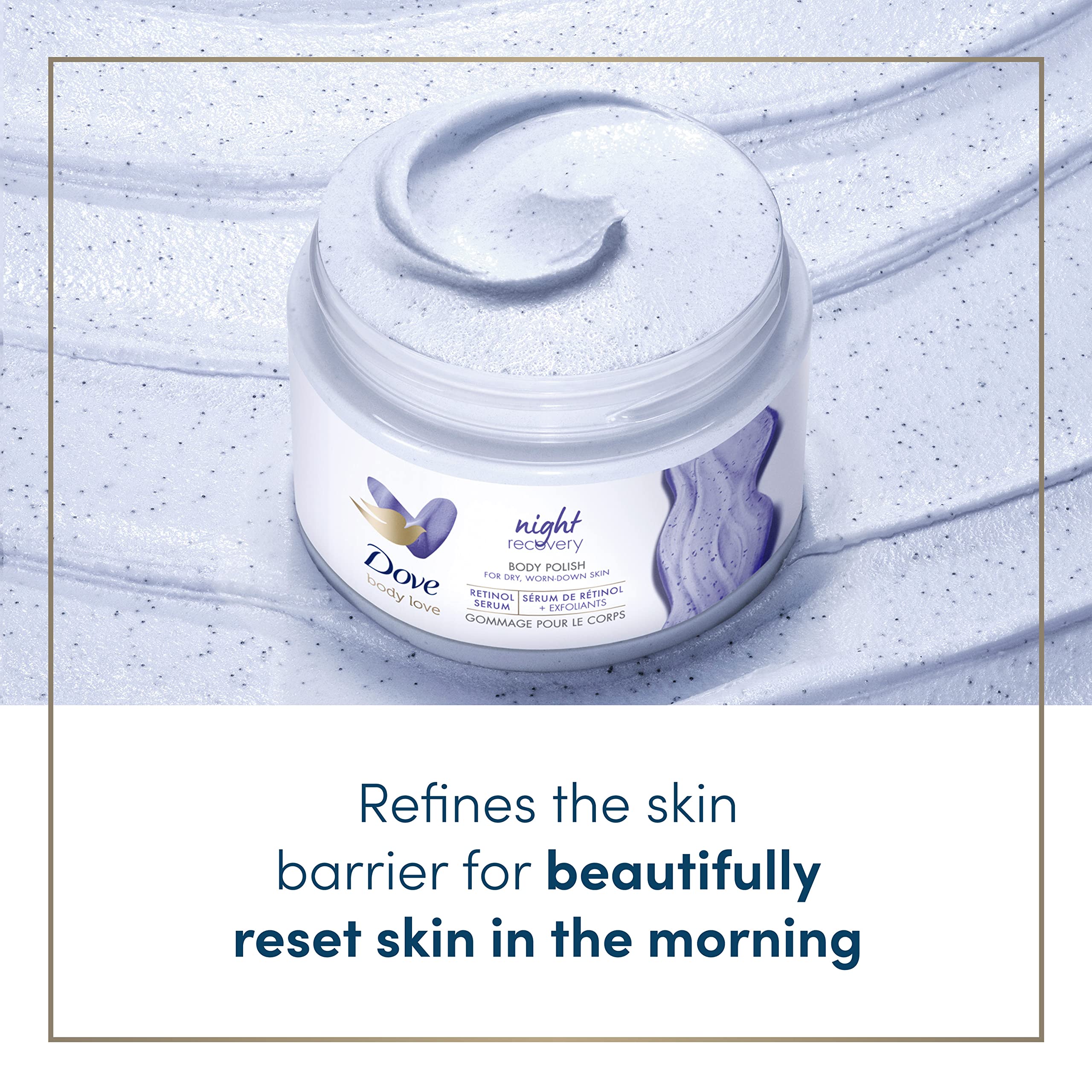 Dove Night Recovery polish jar in shower demonstrates overnight moisture infusion