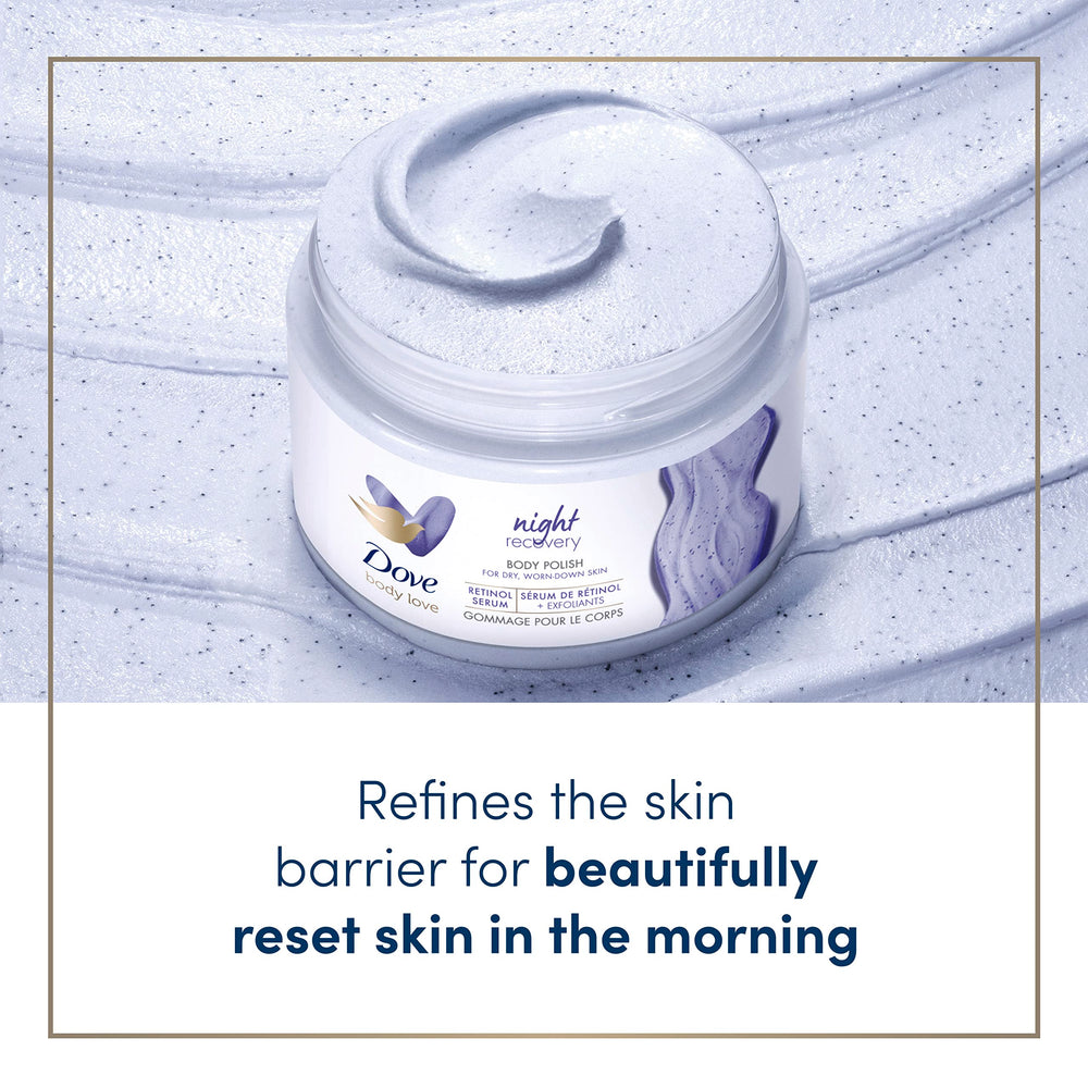 Dove Night Recovery polish jar in shower demonstrates overnight moisture infusion