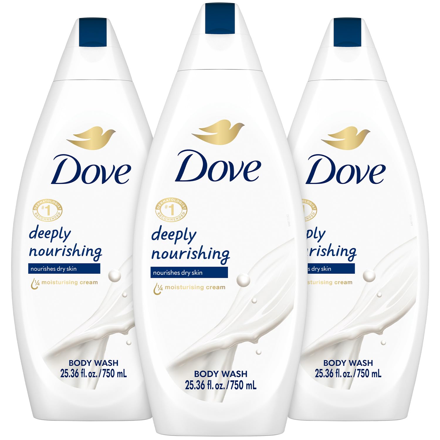 Dove Body Wash 3-Pack packshot showing convenient, hydrating bottles for daily nourishment.