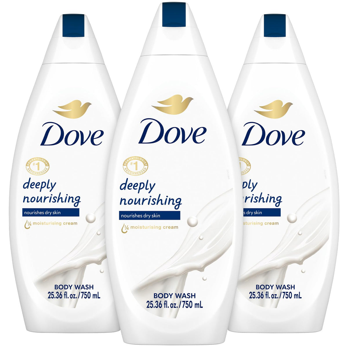 Dove Body Wash 3-Pack packshot showing convenient, hydrating bottles for daily nourishment.