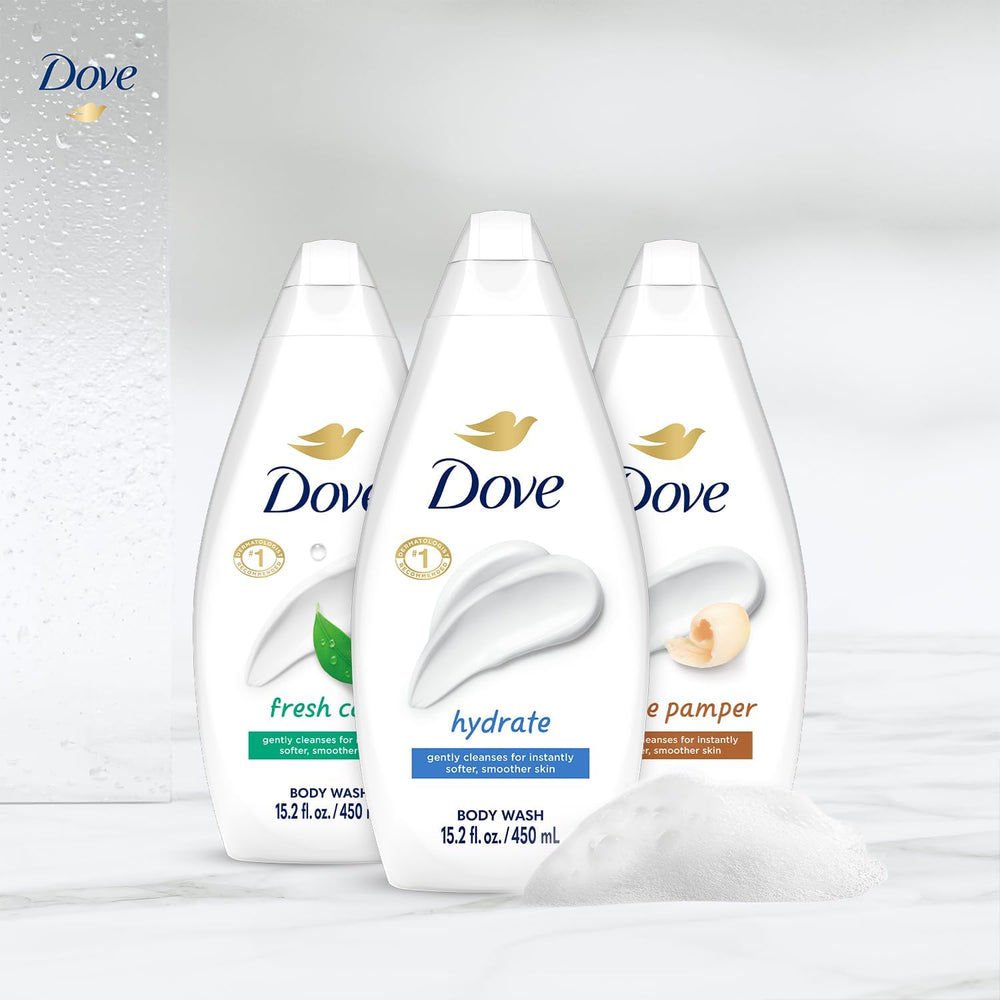 Dove body wash foam close-up; rich lather, gentle cleansing.