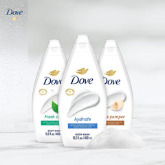 Dove body wash foam close-up; rich lather, gentle cleansing.