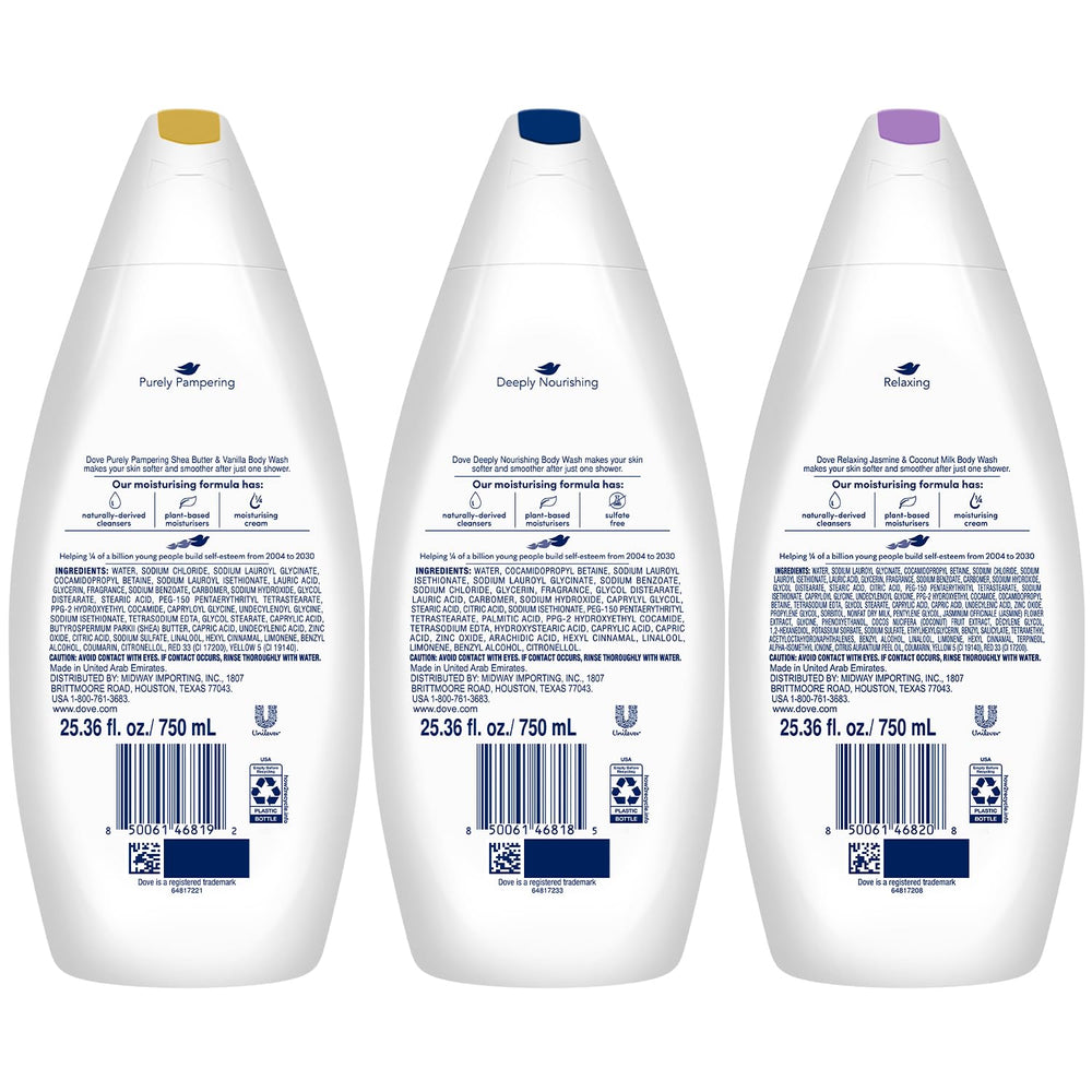 Dove Deeply Nourishing bottle front shows creamy formula for smooth skin.