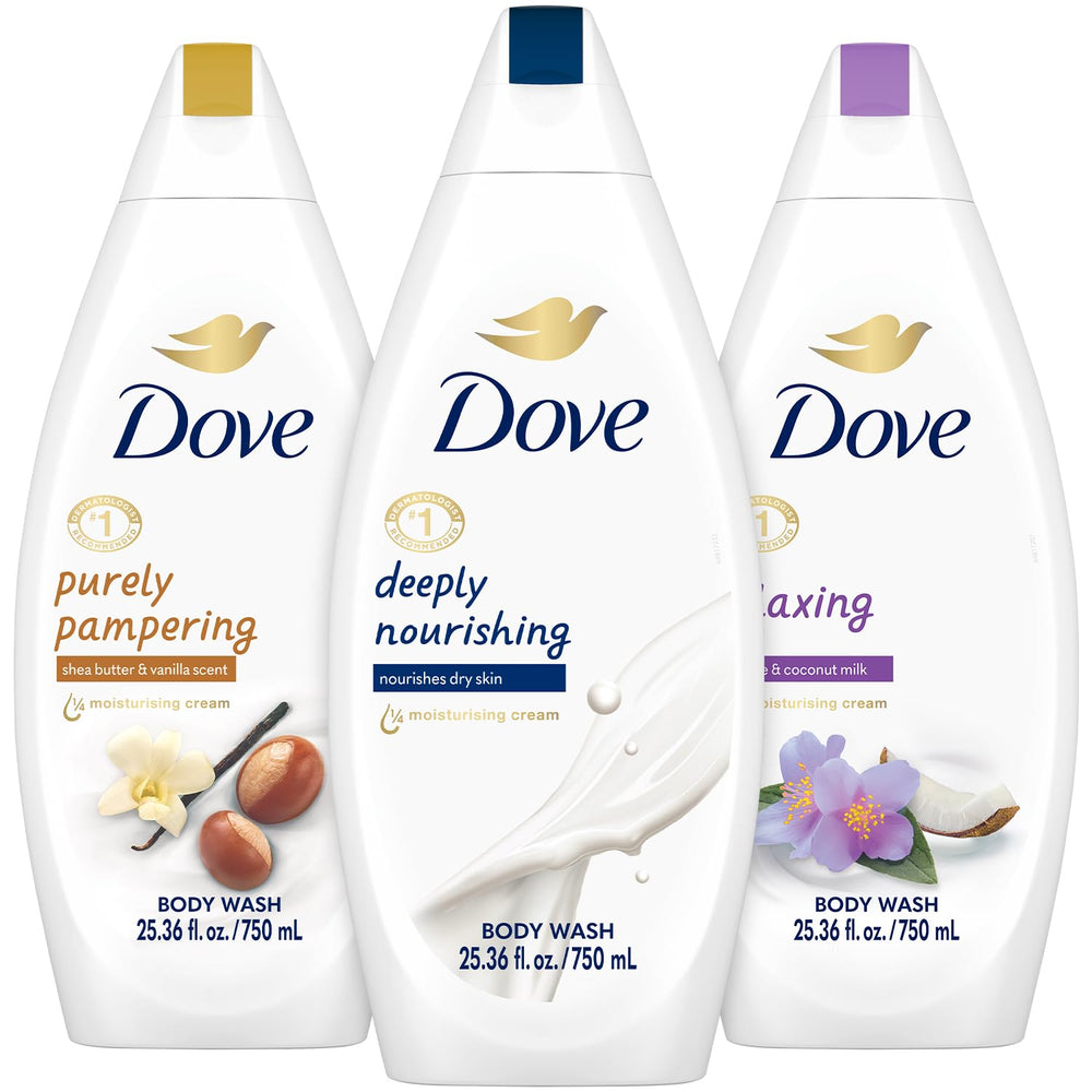 Dove Body Wash variety pack bottle pour for silky, hydrated skin.