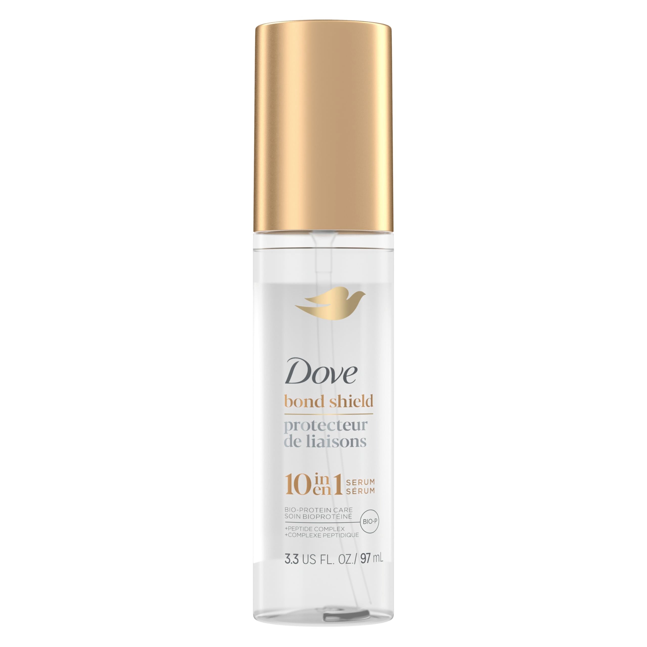 Dove Bond Strength Serum bottle pour shows easy application for strong-looking ends.