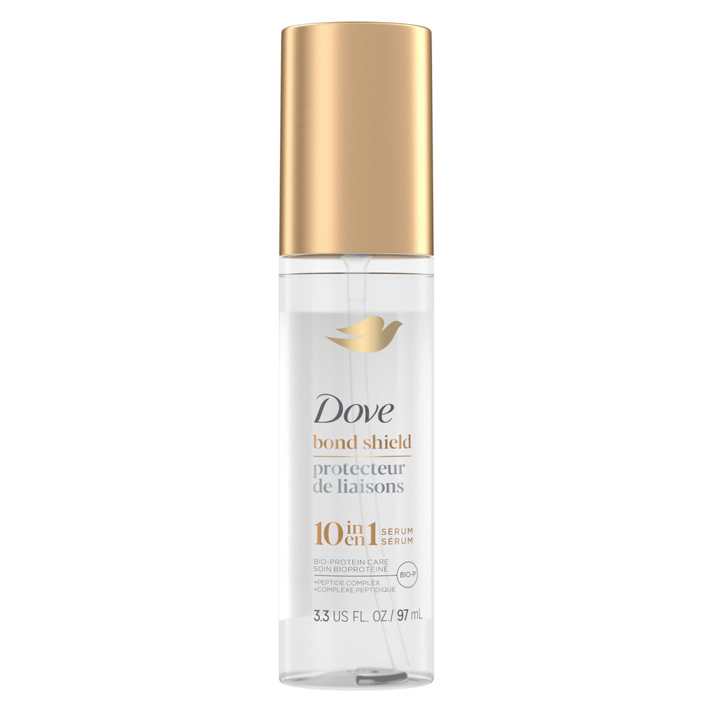 Dove Bond Strength Serum bottle pour shows easy application for strong-looking ends.