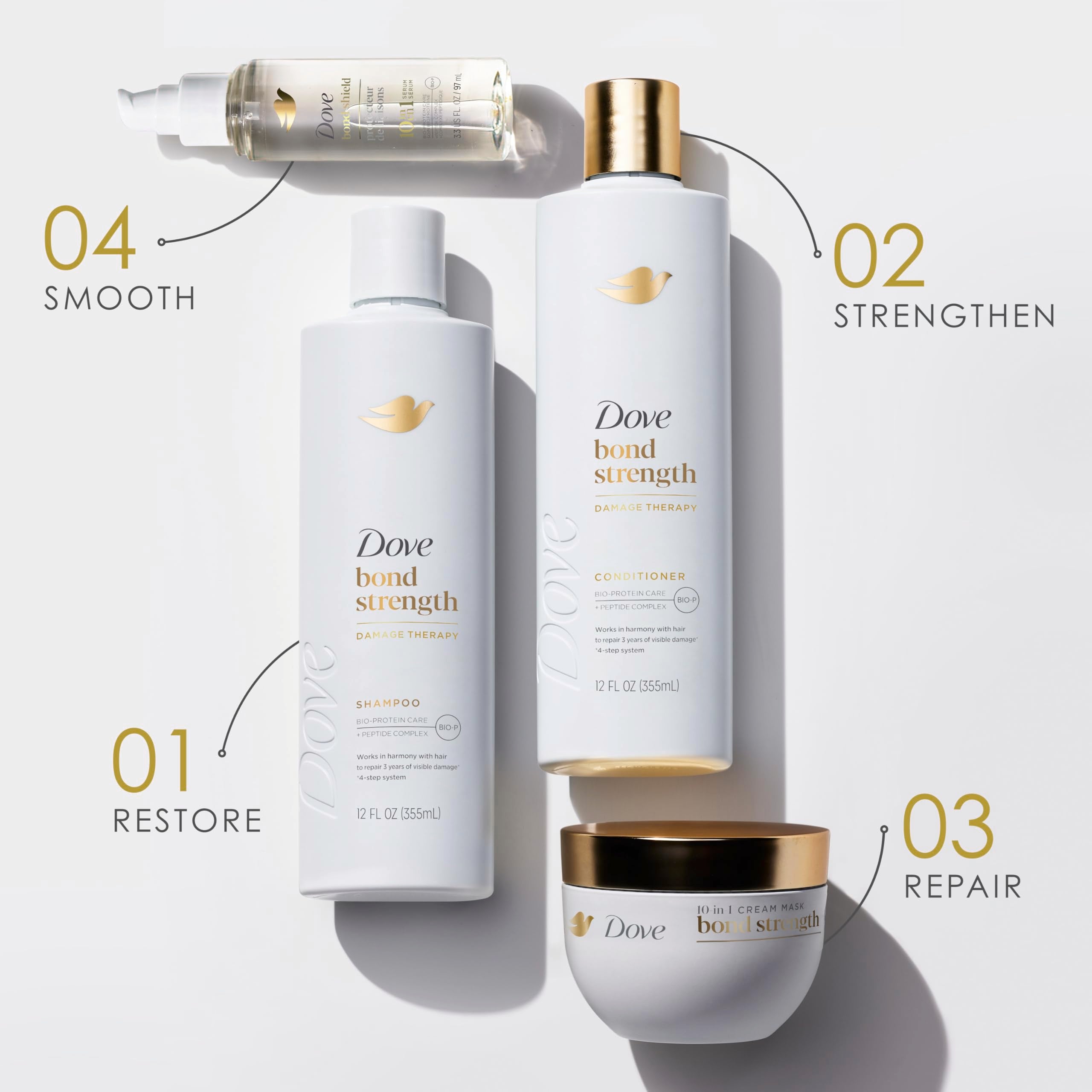 Dove Bond Strength Serum pump on hair demonstrates quick, even distribution.