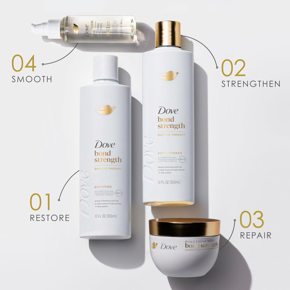 Dove Bond Strength Serum pump on hair demonstrates quick, even distribution.