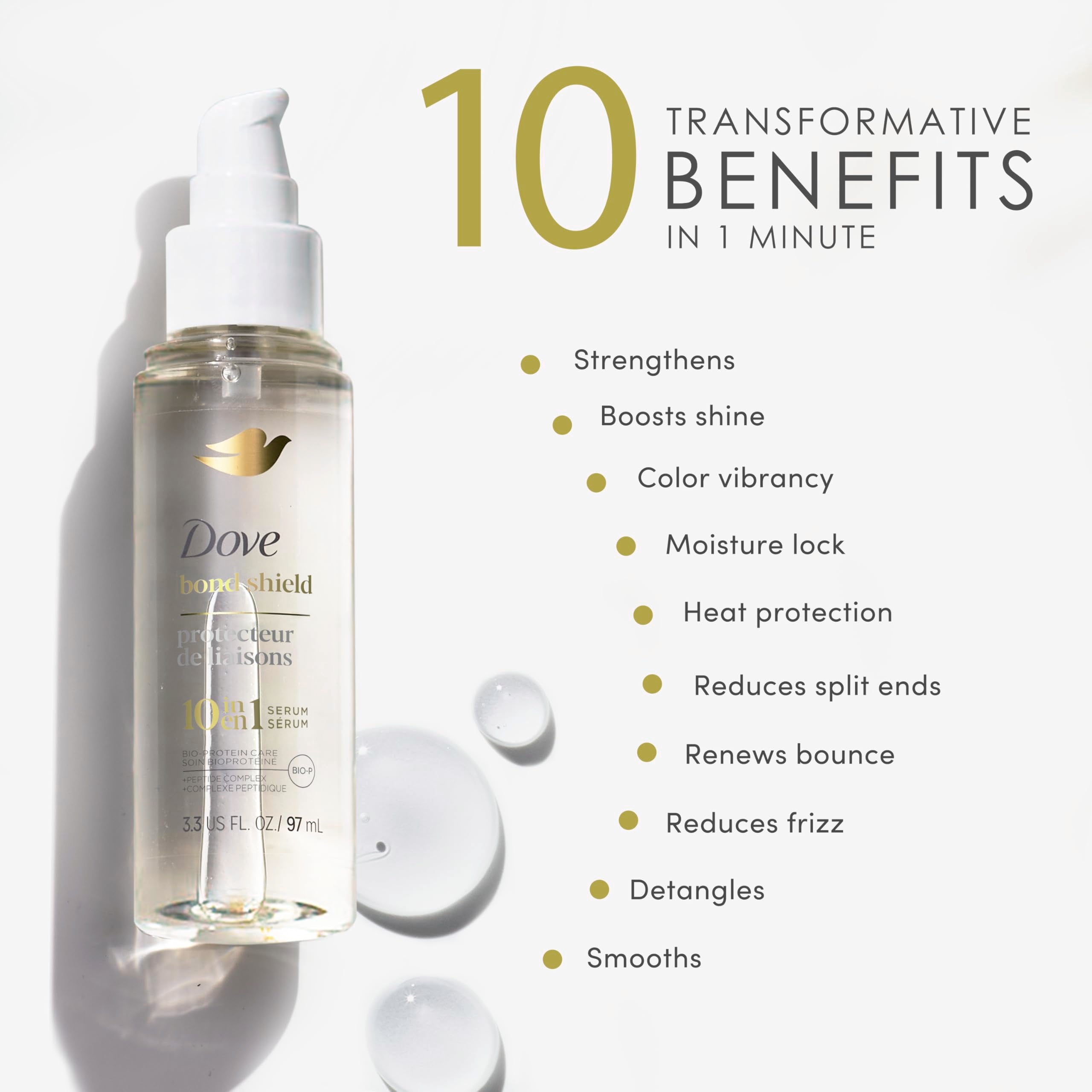 Dove Bond Strength Serum texture closeup showcases smooth, lightweight feel.