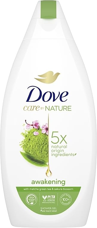 Dove Care By Nature Awakening Shower Gel bottle on bathroom shelf