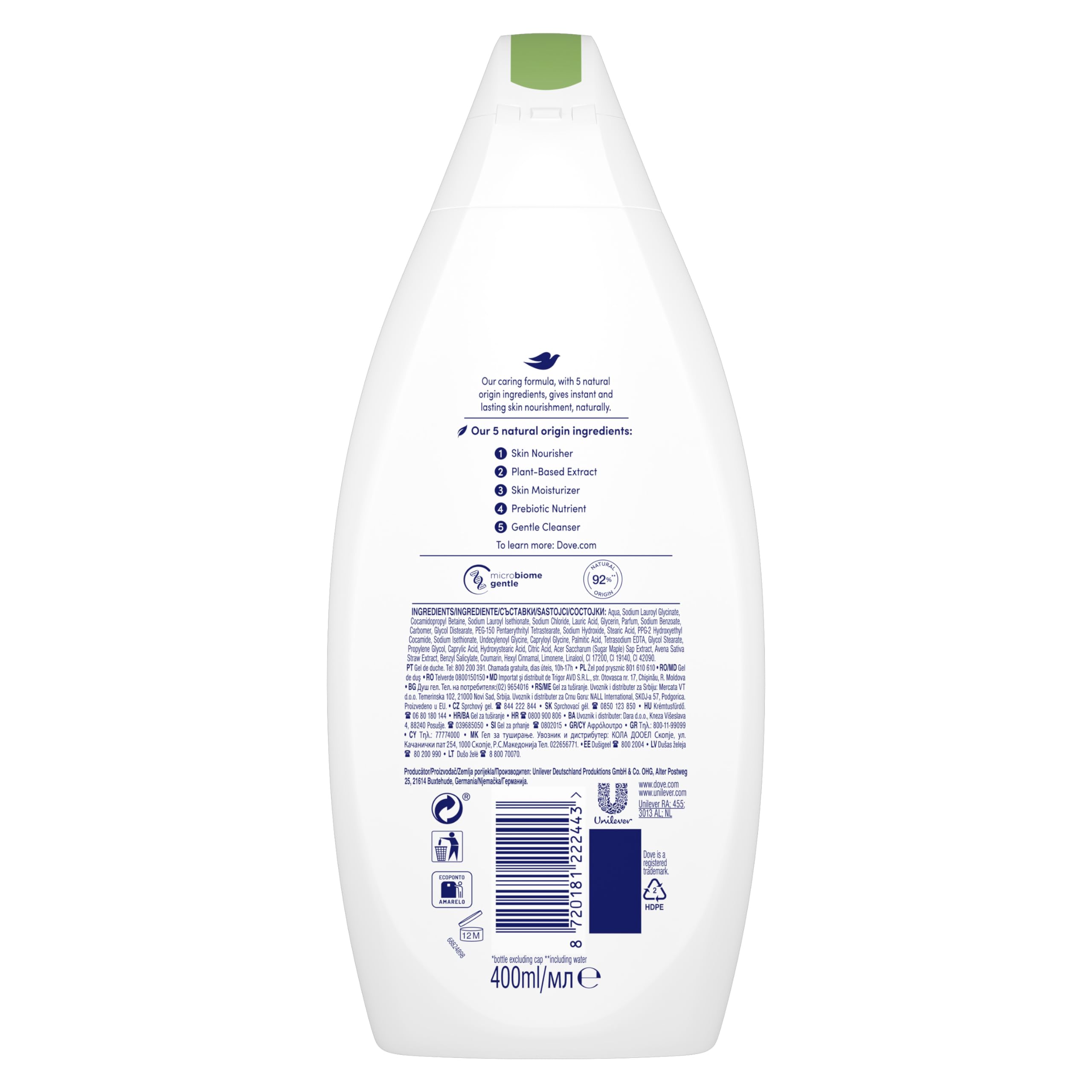 Dove Care by Nature creamy gel texture forming a rich lather for smoother skin