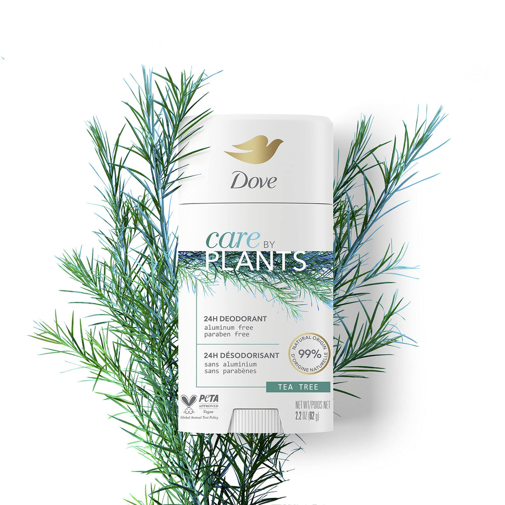 Dove Care by Plants Tea Tree Deodorant conveys cruelty-free status and non-animal testing.