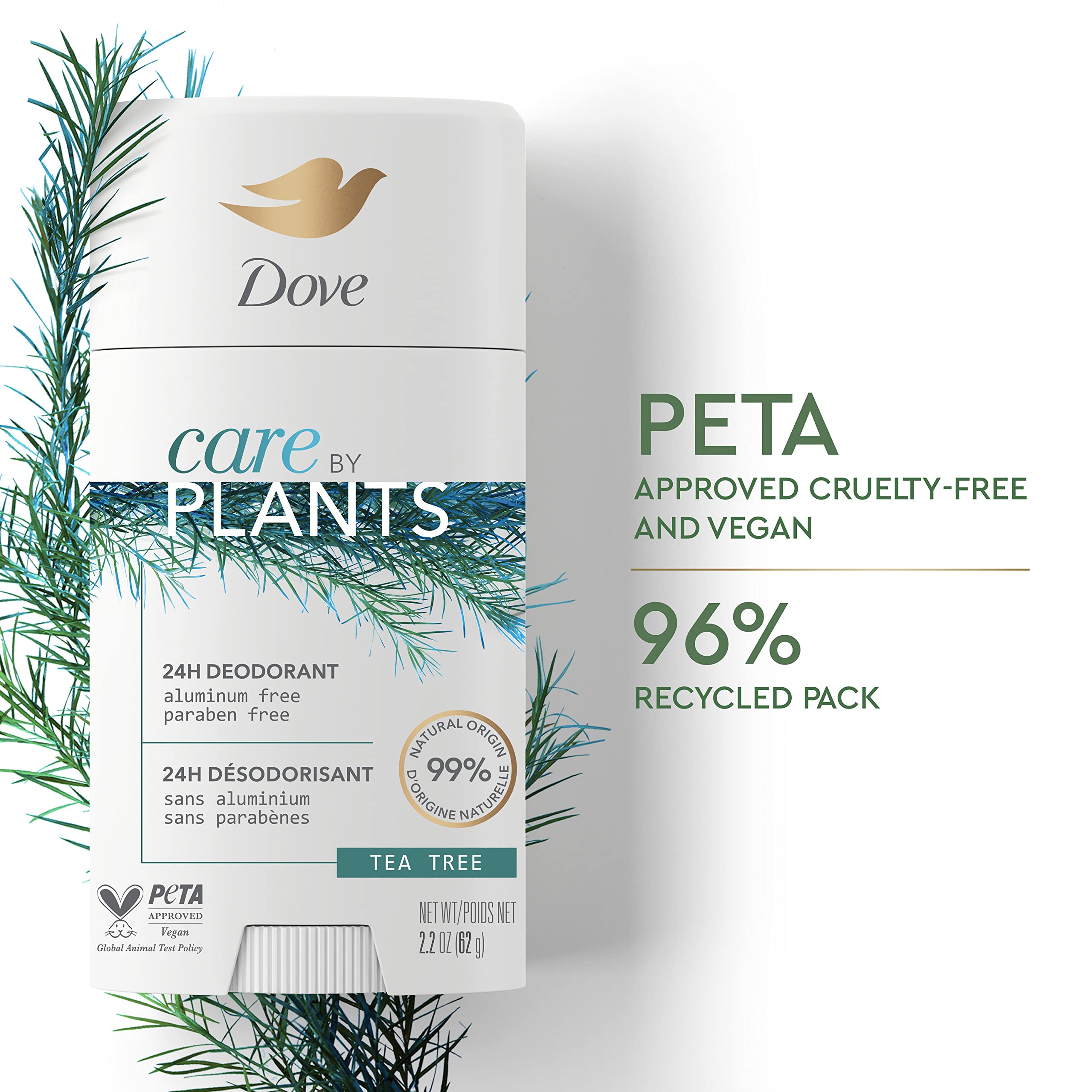 Dove Care by Plants Tea Tree Deodorant is dermatologically approved for skin comfort.