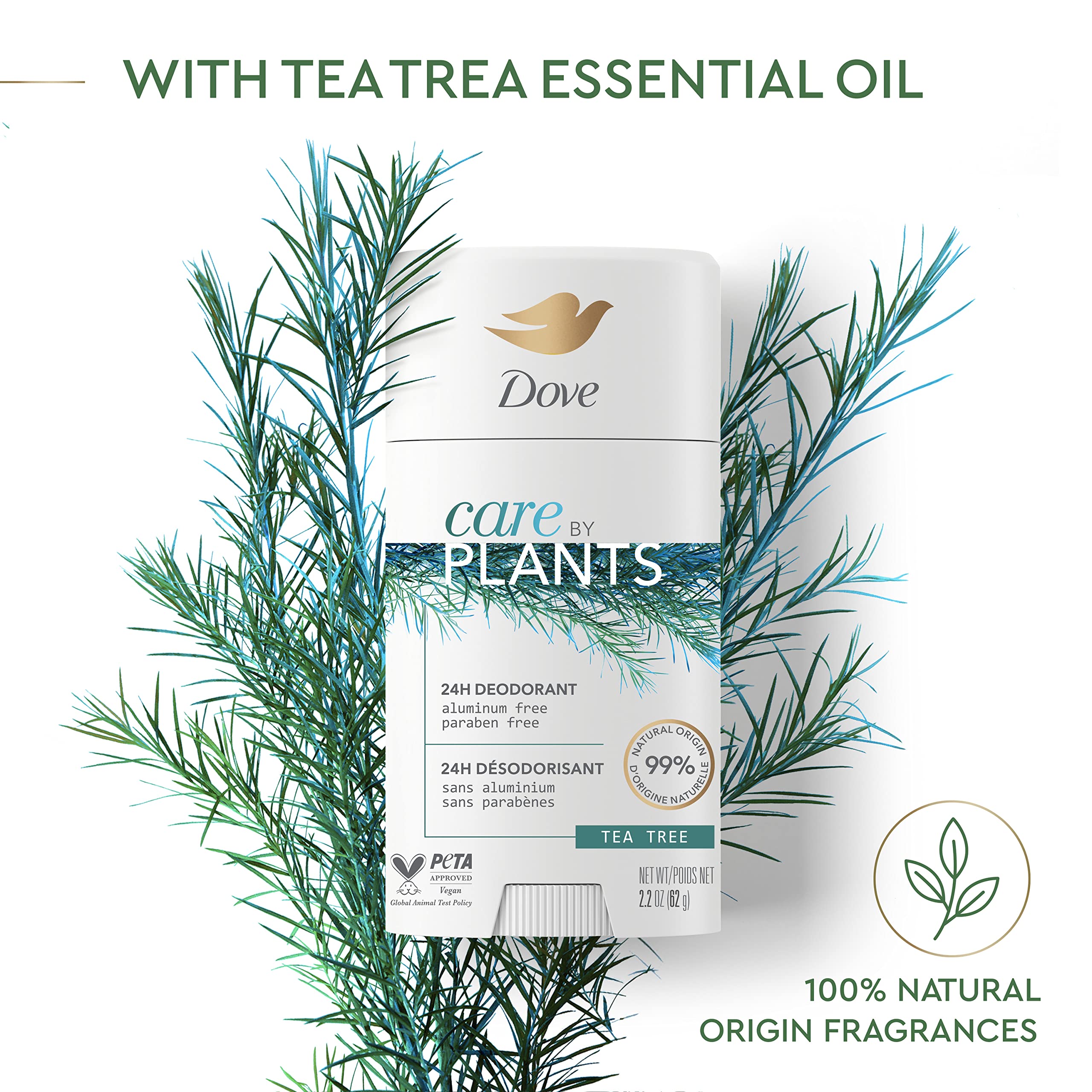 Dove Care by Plants Tea Tree Deodorant ingredients panel shows plant-based origin.