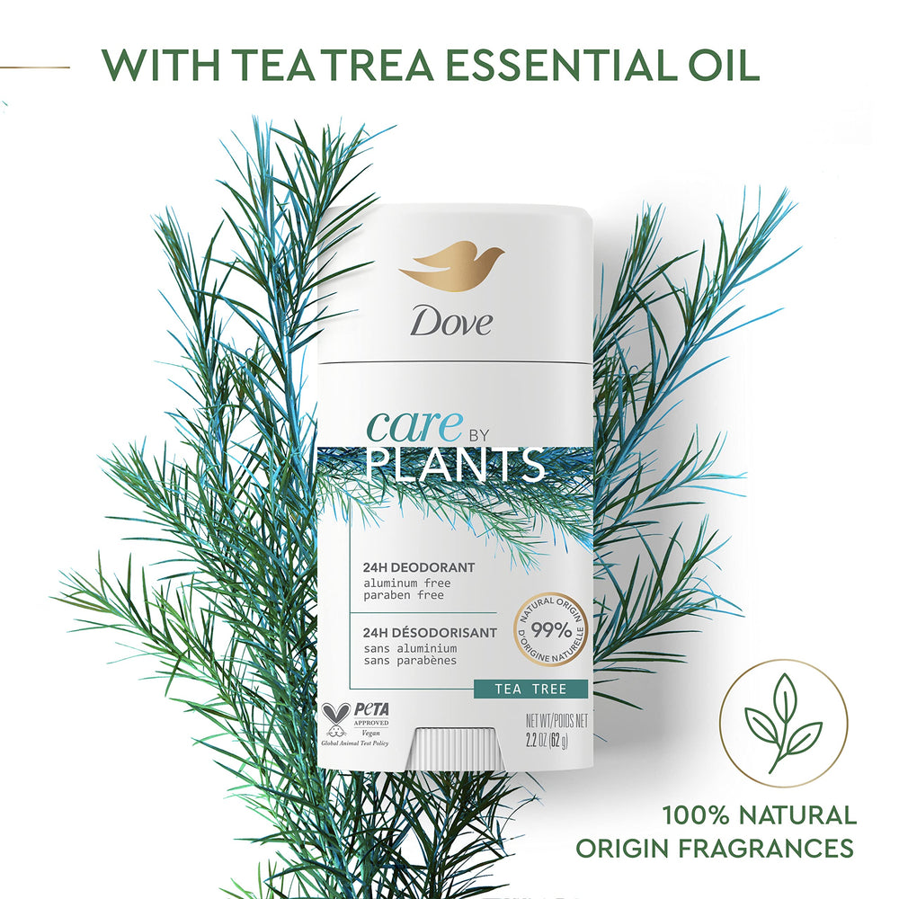 Dove Care by Plants Tea Tree Deodorant ingredients panel shows plant-based origin.