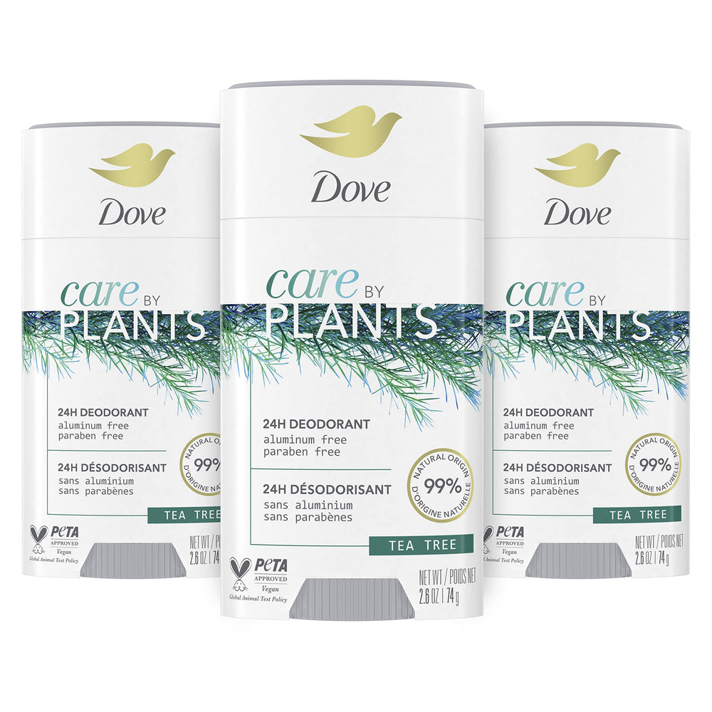 Dove Care by Plants Tea Tree Deodorant Packaging shows eco-friendly design for daily freshness.