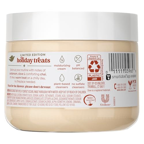Dove Cinnamon Pumpkin Pie Scrub bottle side highlighting convenient spa-like cleansing at home