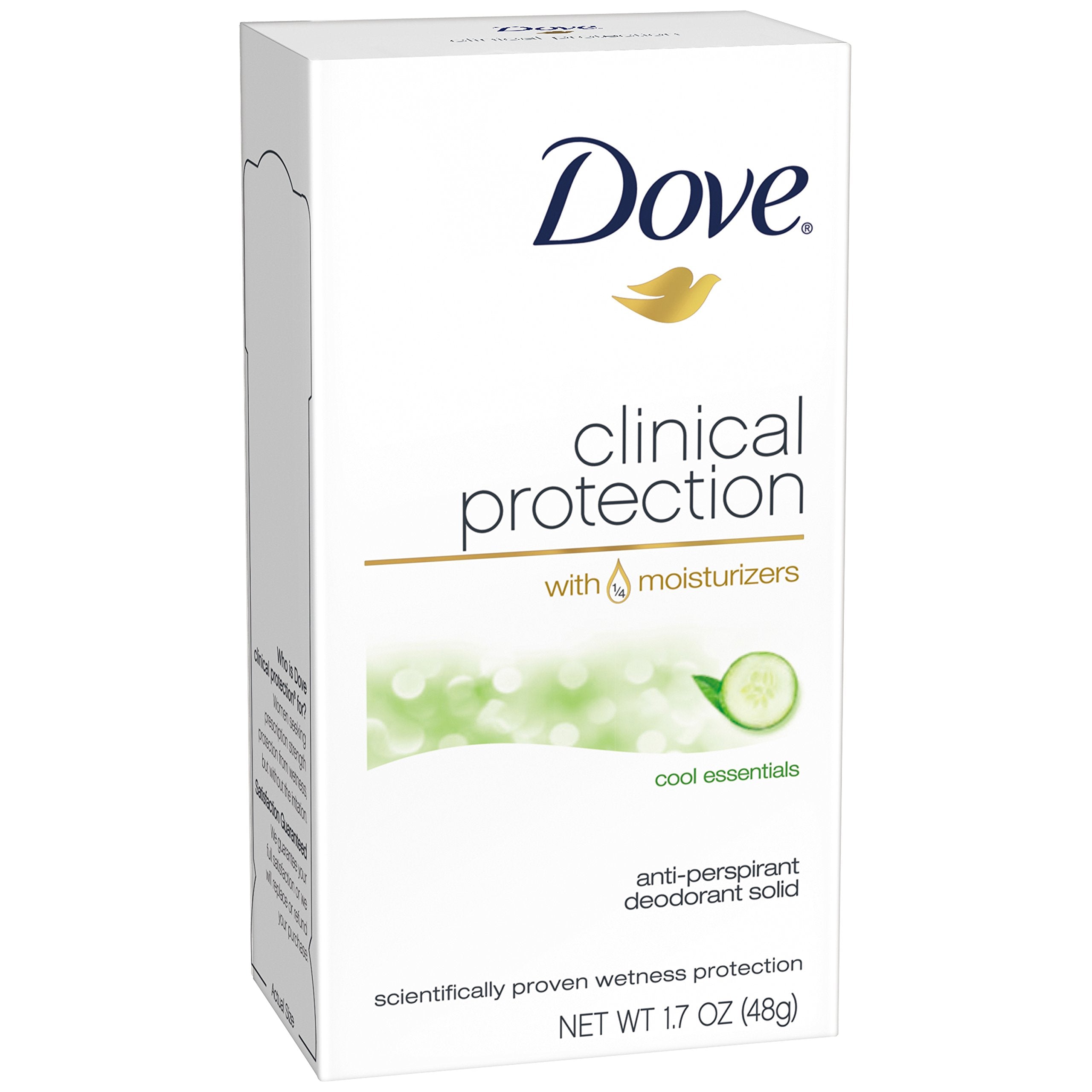 Dove Clinical Protection Cool Essentials packaging showing a 1.7 oz size for daily use.