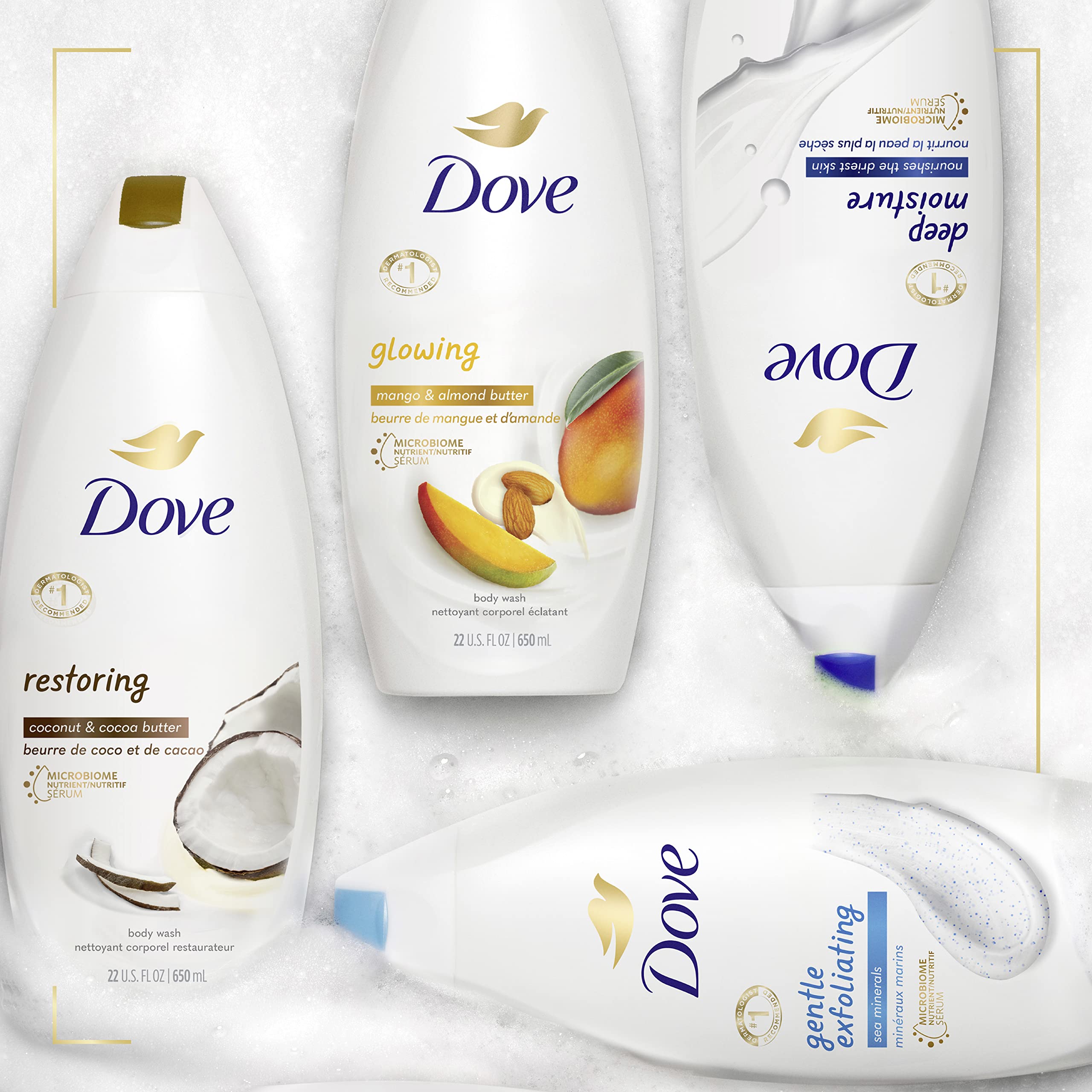 Dove coconut butter and cocoa butter ingredients label highlights nourishing components.