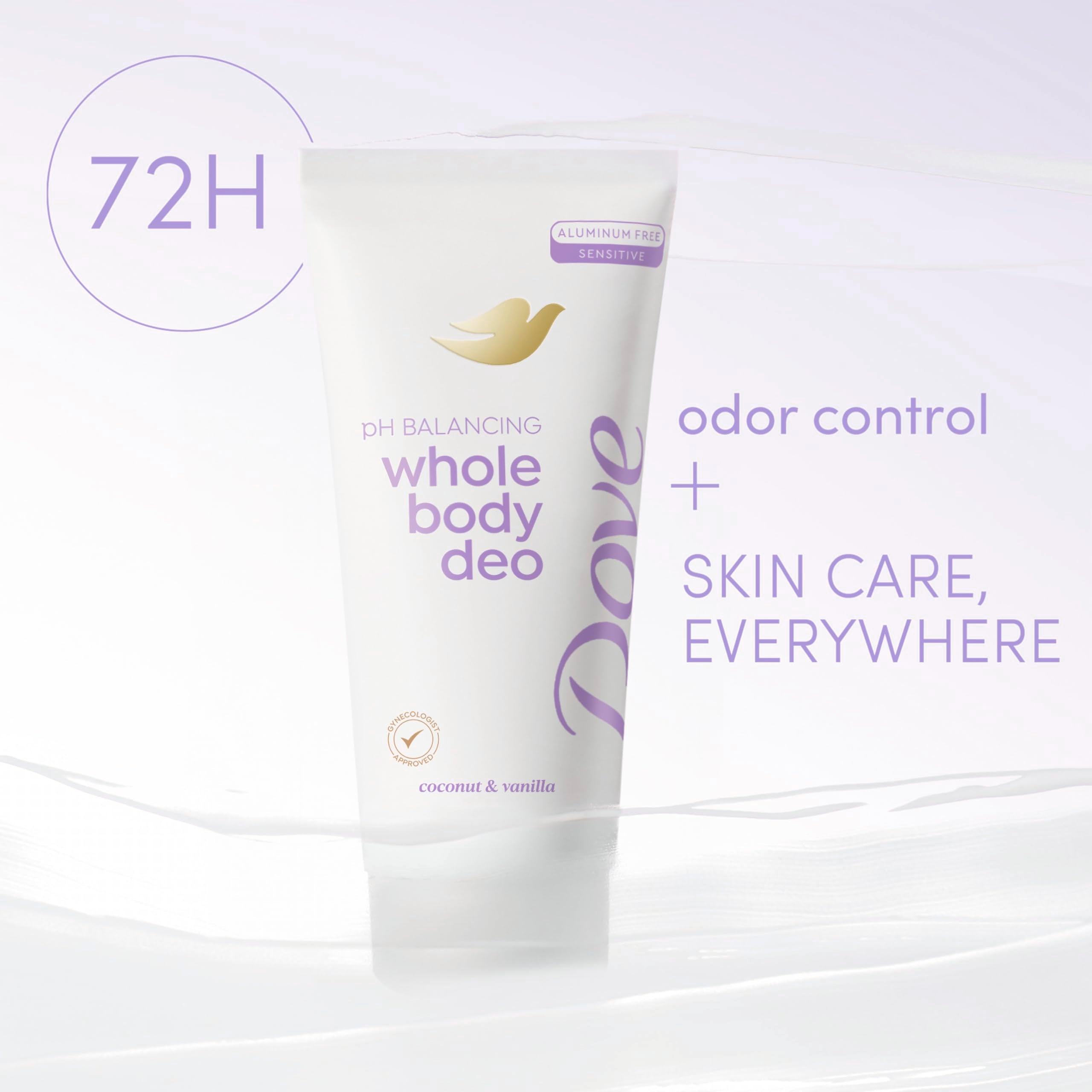 Dove Whole Body Deo coconut vanilla fragrance close-up for subtle, long-lasting freshness.