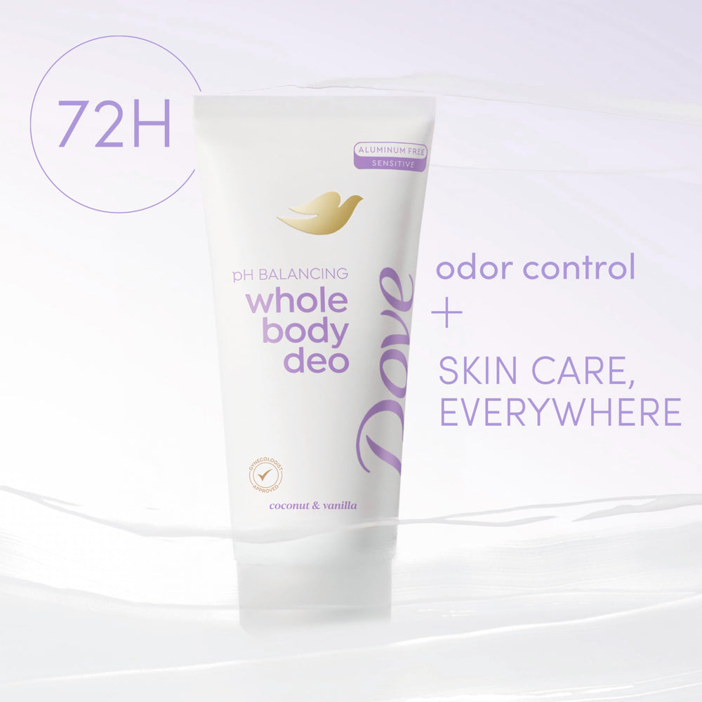 Dove Whole Body Deo coconut vanilla fragrance close-up for subtle, long-lasting freshness.